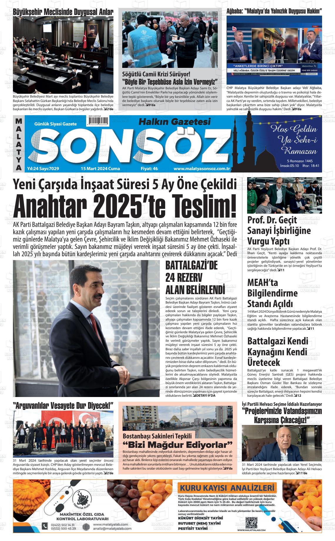 15 Mart 2024 Sonsöz Gazete Manşeti