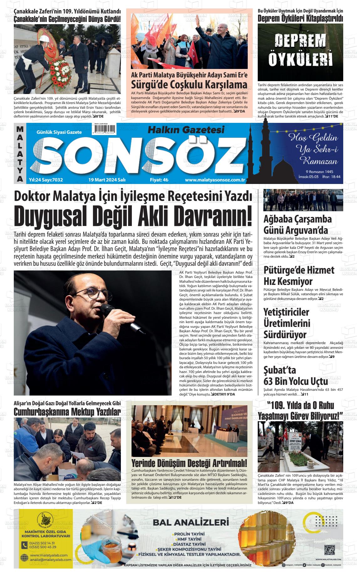 19 Mart 2024 Sonsöz Gazete Manşeti