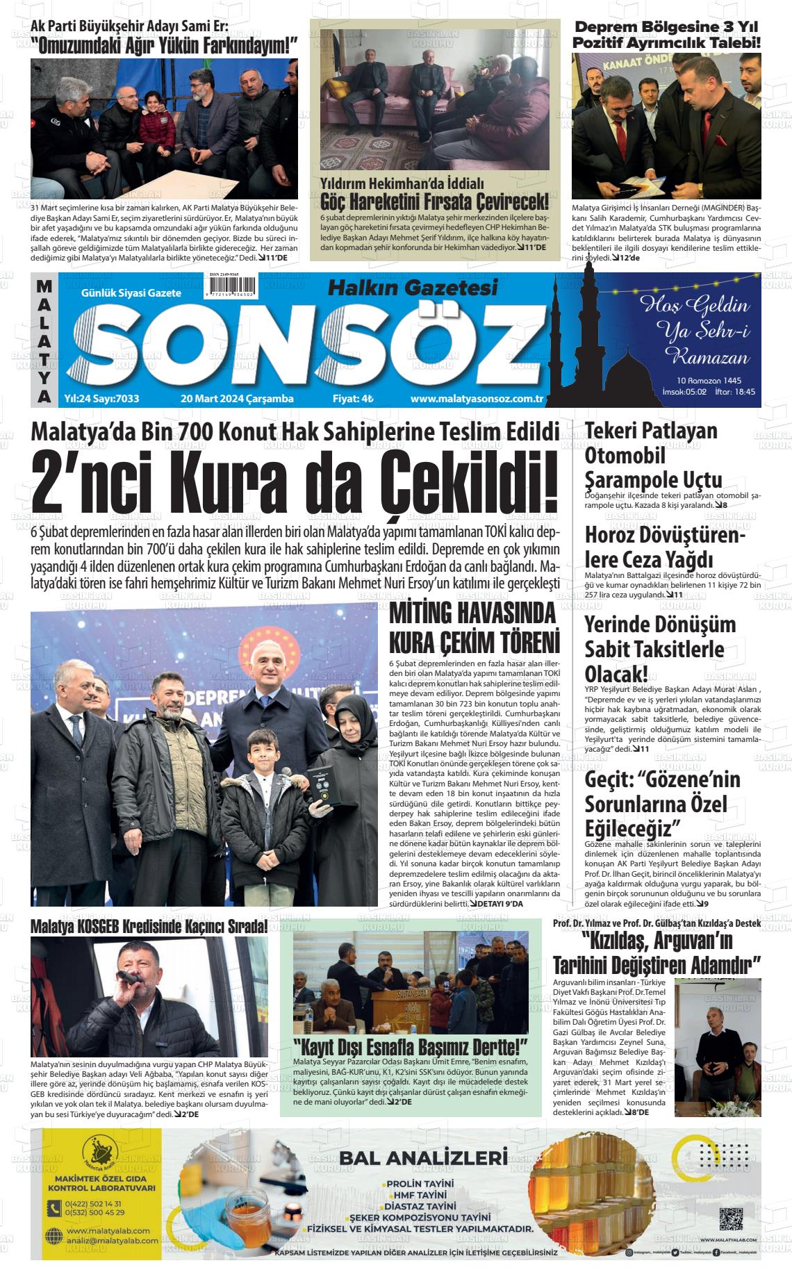 20 Mart 2024 Sonsöz Gazete Manşeti