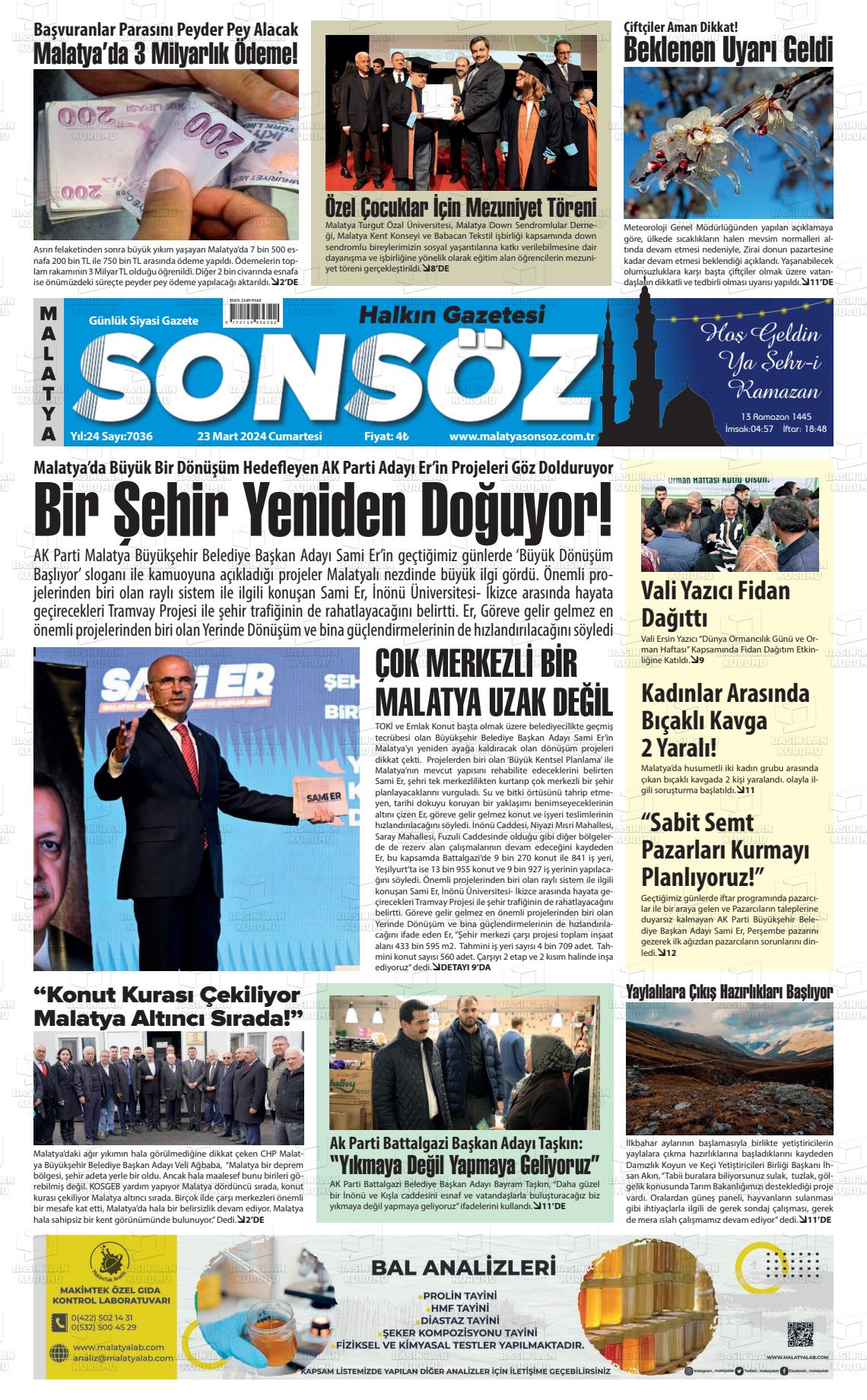 23 Mart 2024 Sonsöz Gazete Manşeti