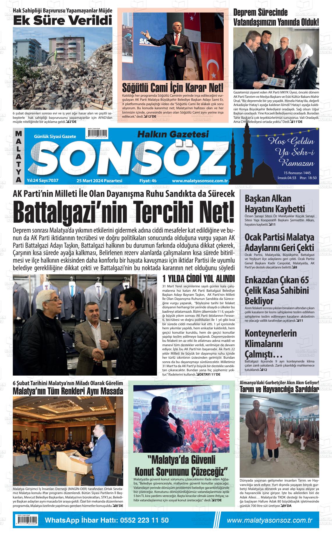 25 Mart 2024 Sonsöz Gazete Manşeti