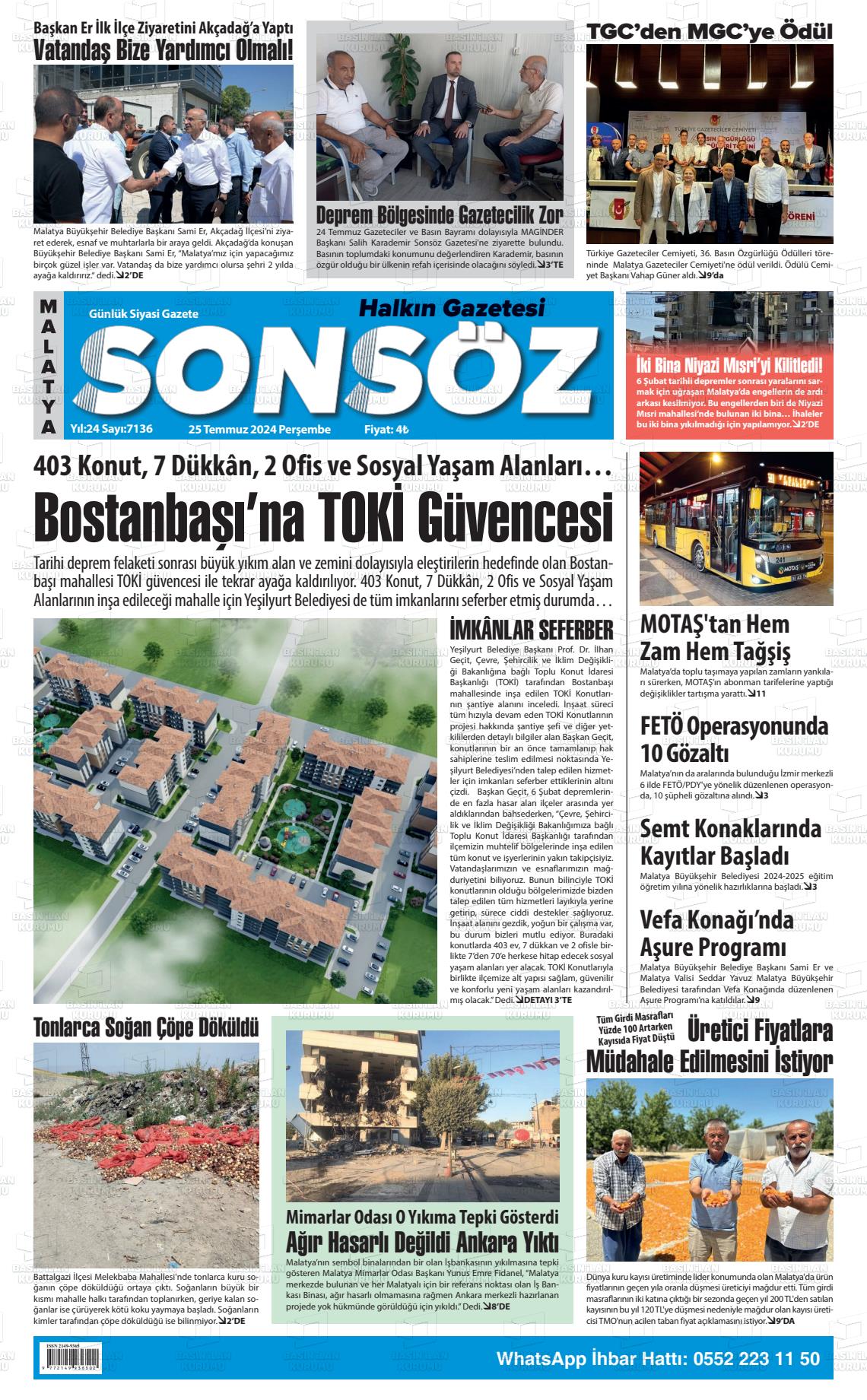 25 Temmuz 2024 Sonsöz Gazete Manşeti