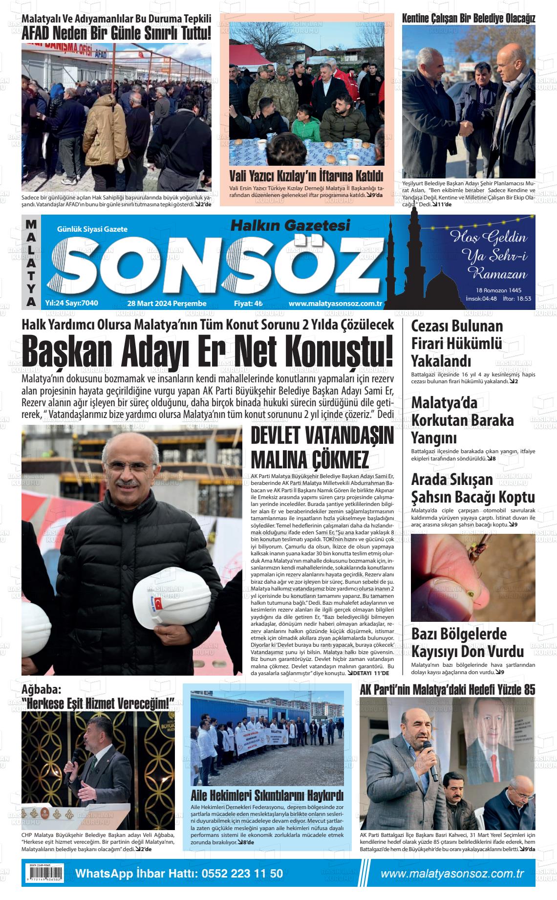 28 Mart 2024 Sonsöz Gazete Manşeti