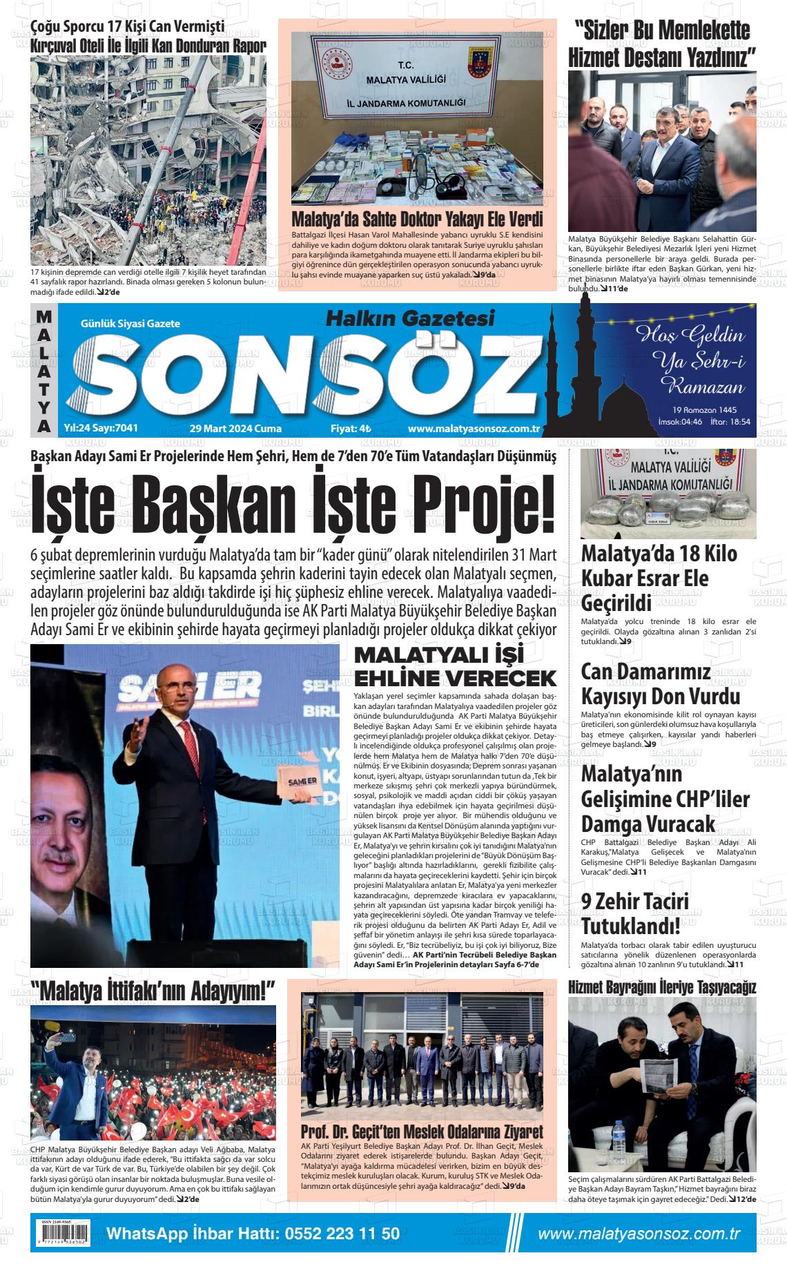 29 Mart 2024 Sonsöz Gazete Manşeti