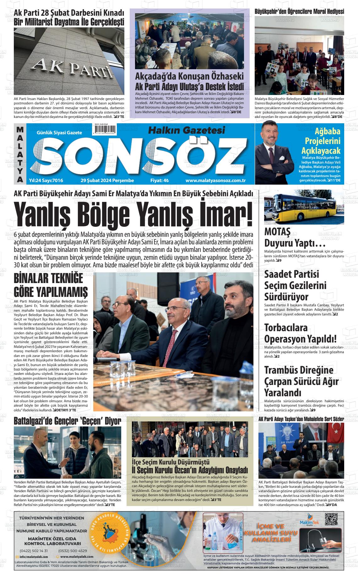 29 Şubat 2024 Sonsöz Gazete Manşeti