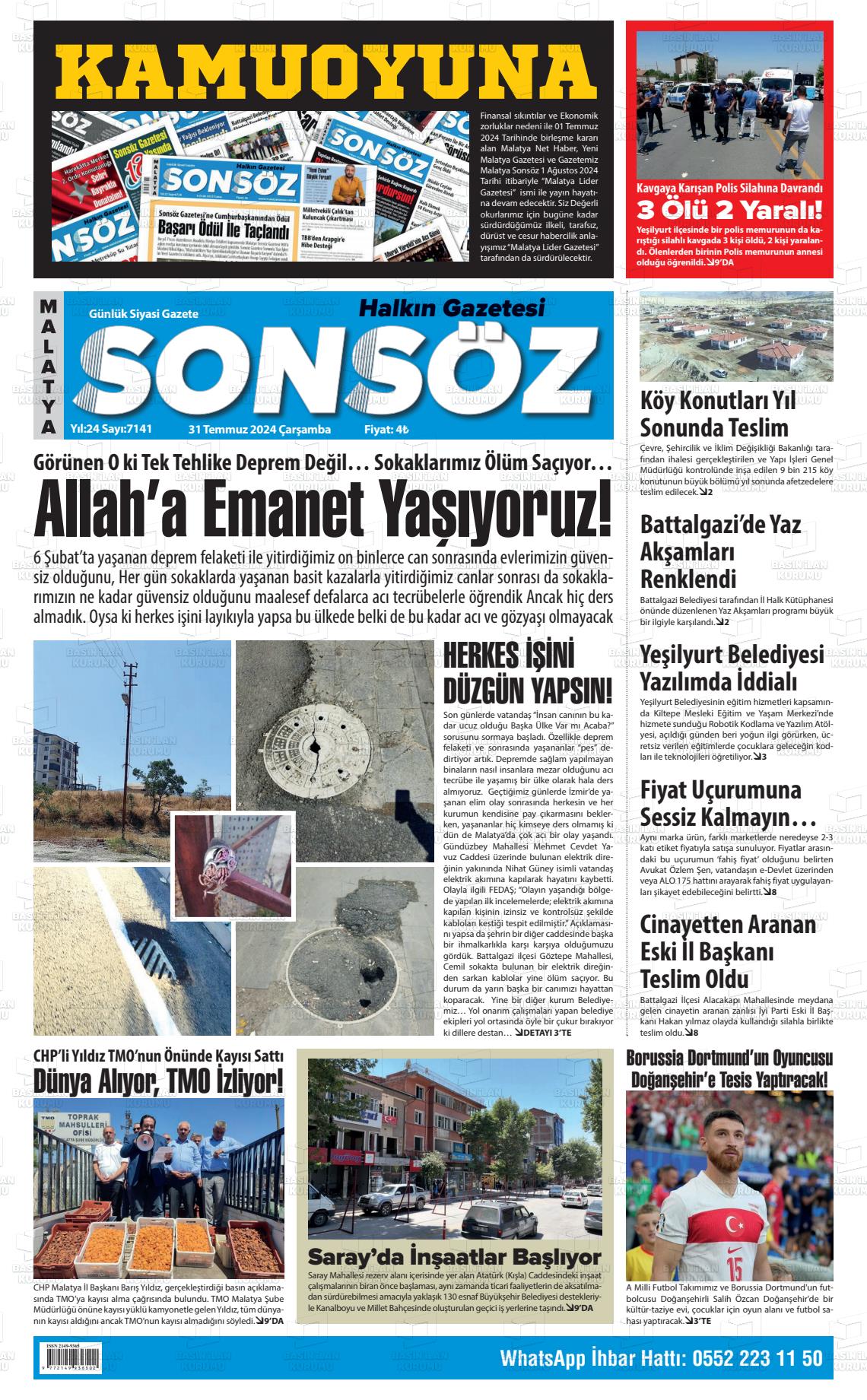 31 Temmuz 2024 Sonsöz Gazete Manşeti