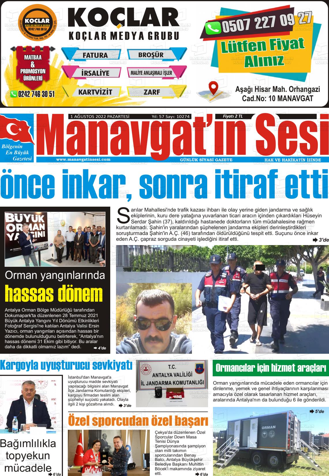 01 Ağustos 2022 Manavgat'ın Sesi Gazete Manşeti