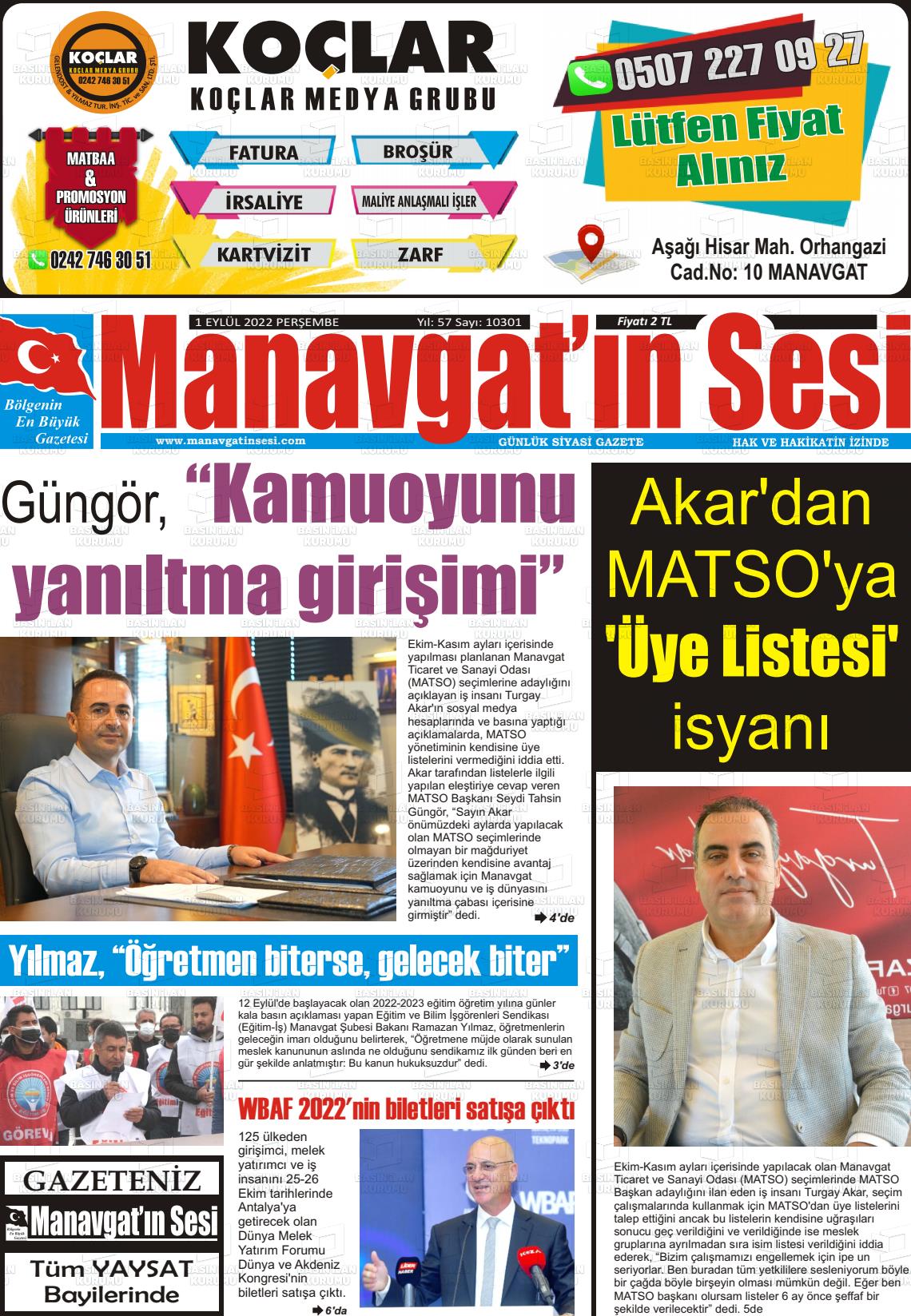 30 Ekim 2022 Manavgat'ın Sesi Gazete Manşeti