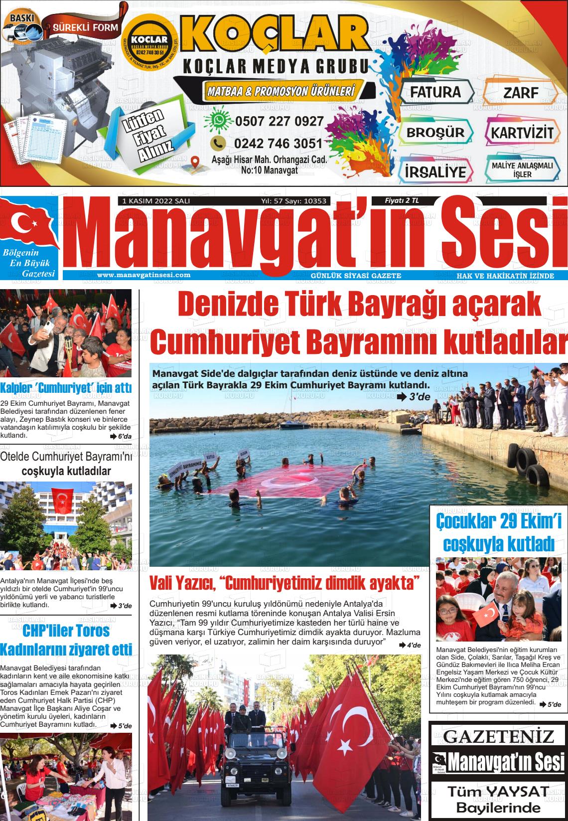 01 Kasım 2022 Manavgat'ın Sesi Gazete Manşeti