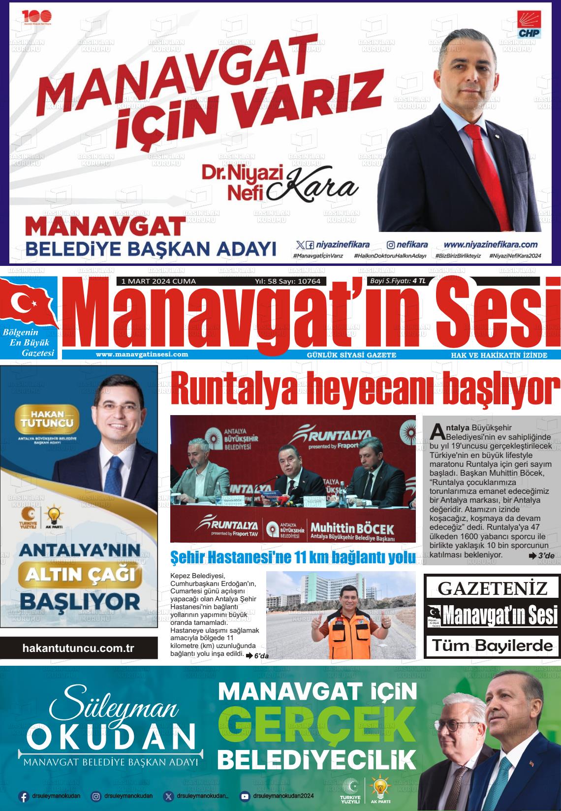 01 Mart 2024 Manavgat'ın Sesi Gazete Manşeti