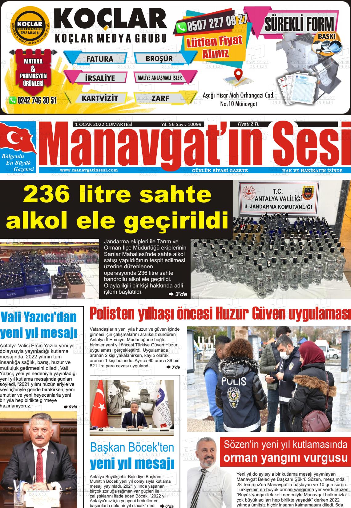 01 Ocak 2022 Manavgat'ın Sesi Gazete Manşeti