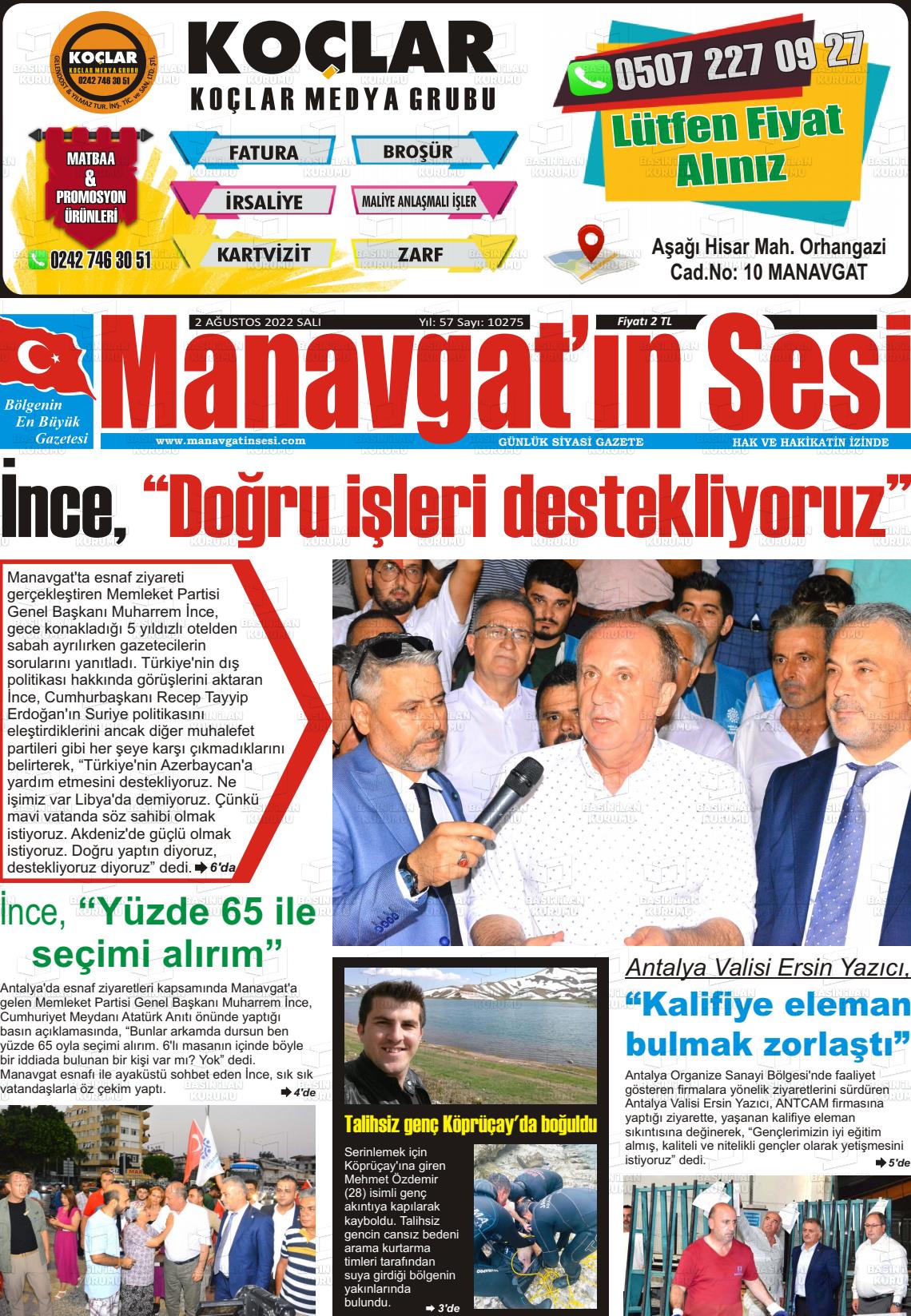 02 Ağustos 2022 Manavgat'ın Sesi Gazete Manşeti