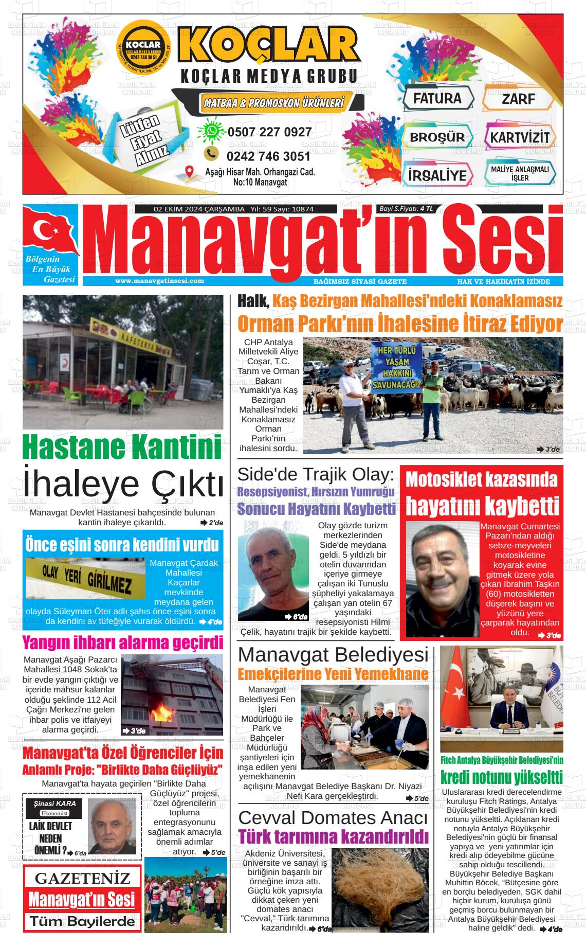 02 Ekim 2024 Manavgat'ın Sesi Gazete Manşeti