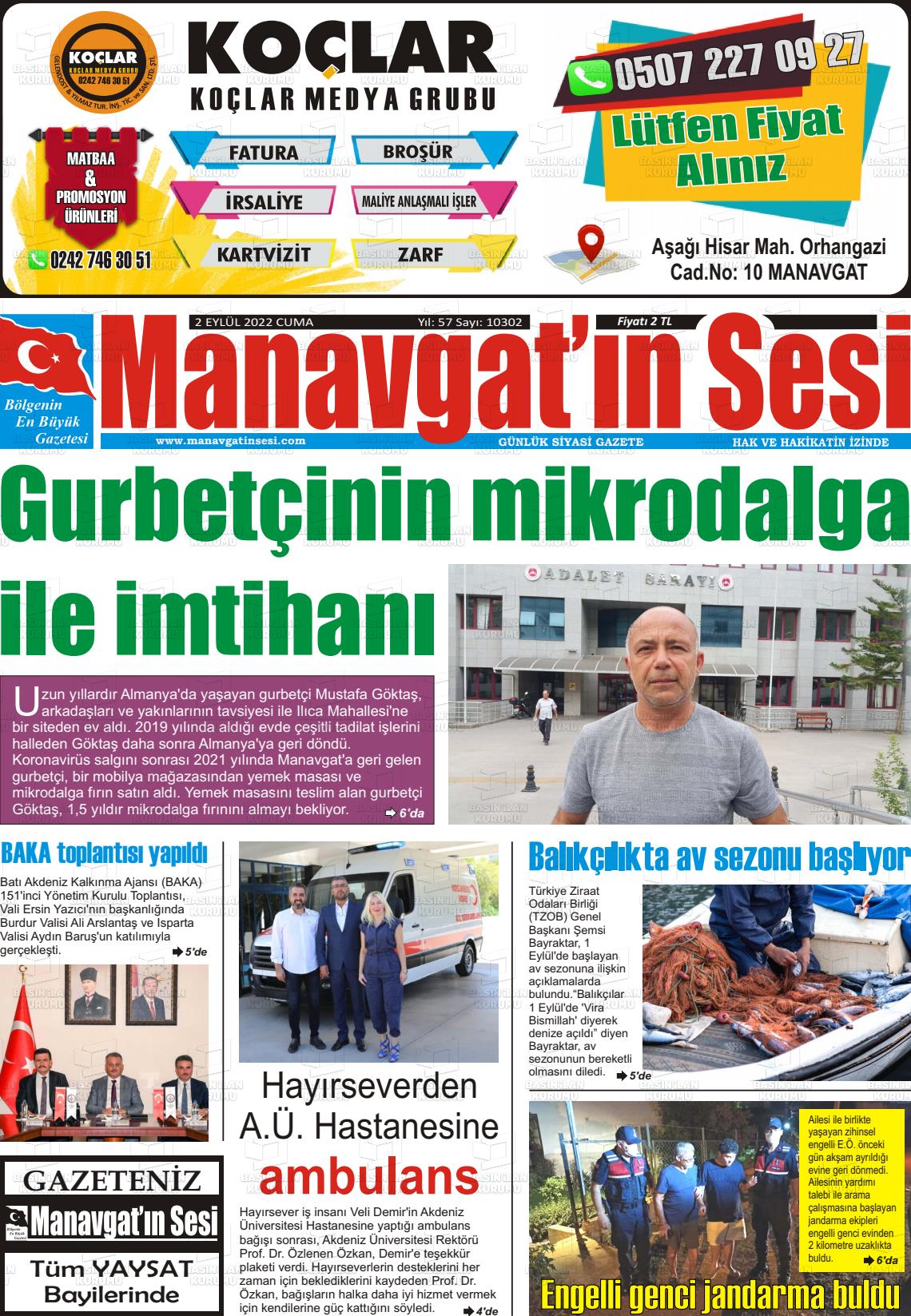 02 Eylül 2022 Manavgat'ın Sesi Gazete Manşeti