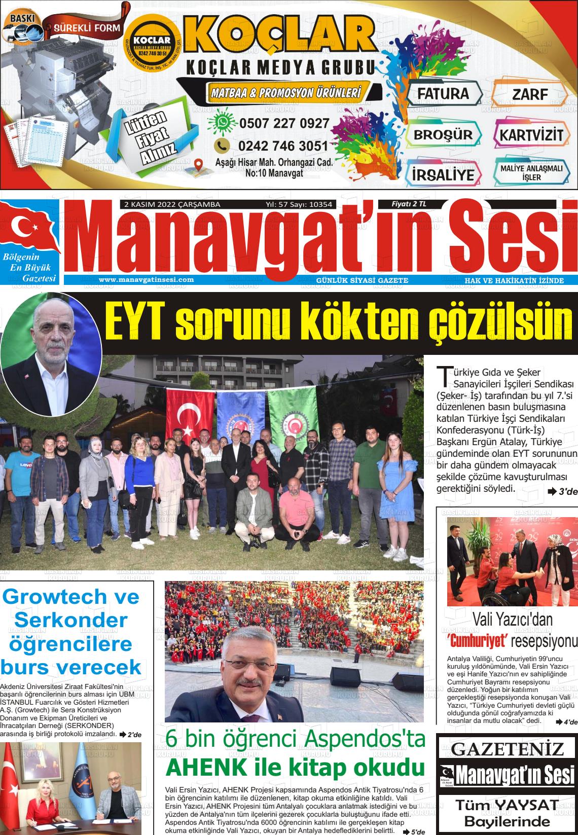 02 Kasım 2022 Manavgat'ın Sesi Gazete Manşeti