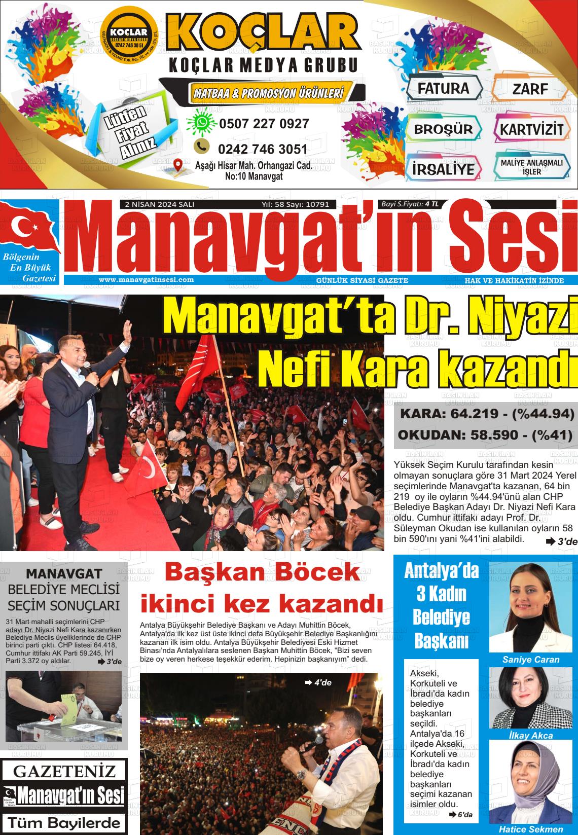 02 Nisan 2024 Manavgat'ın Sesi Gazete Manşeti