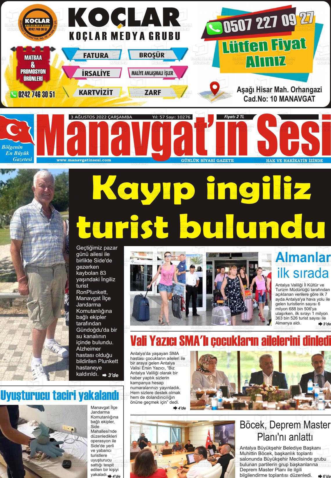 03 Ağustos 2022 Manavgat'ın Sesi Gazete Manşeti