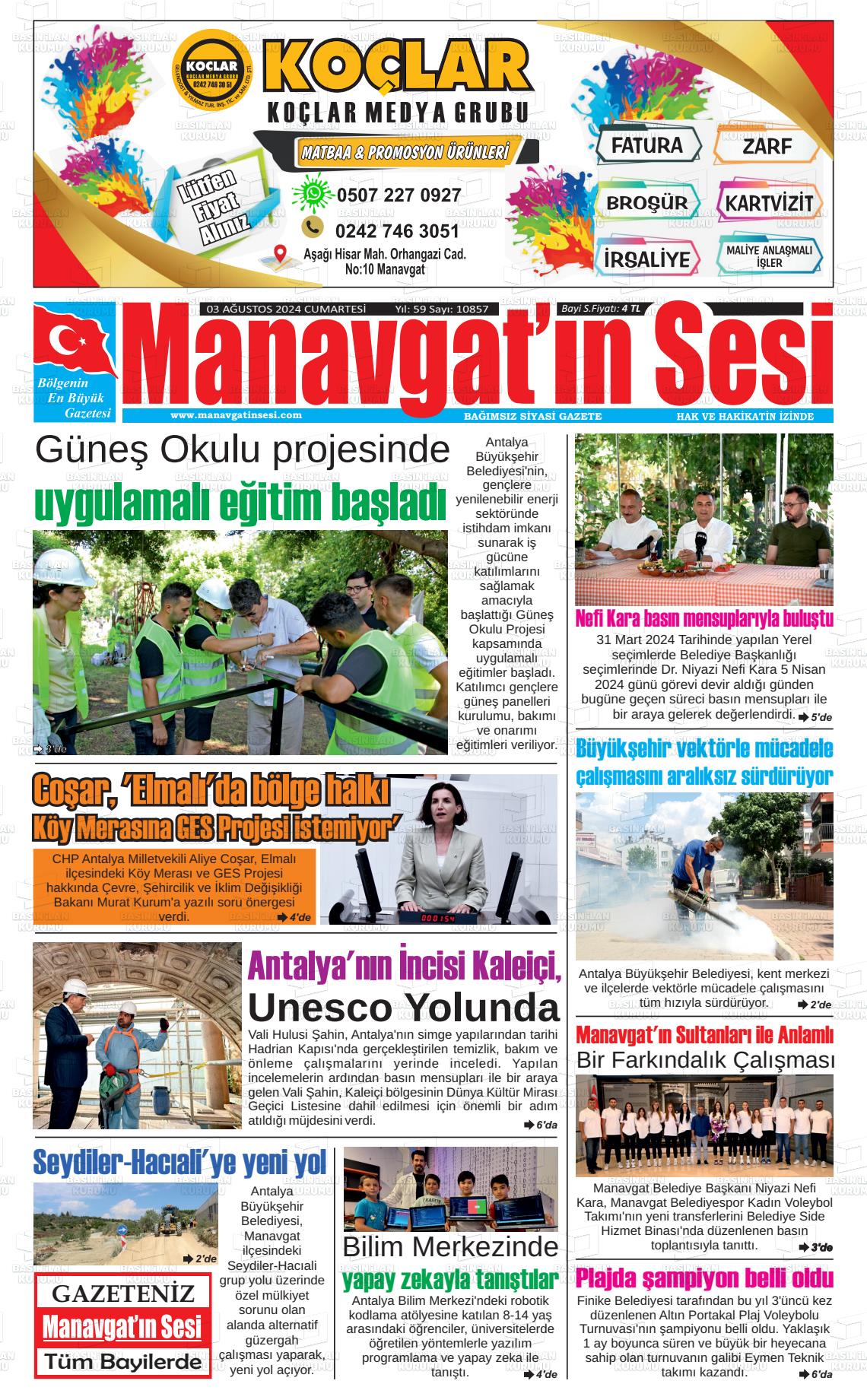 03 Ağustos 2024 Manavgat'ın Sesi Gazete Manşeti