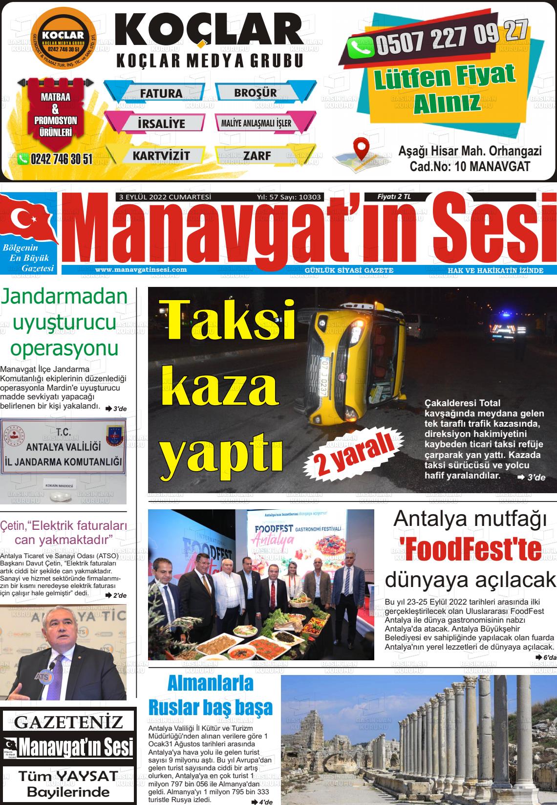 03 Eylül 2022 Manavgat'ın Sesi Gazete Manşeti