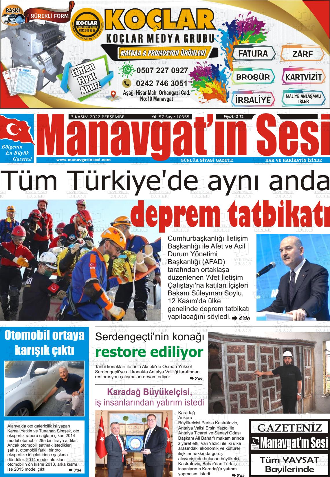 03 Kasım 2022 Manavgat'ın Sesi Gazete Manşeti