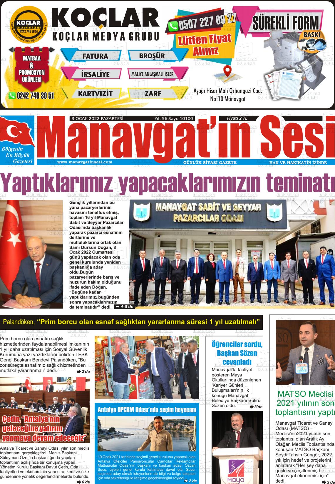 03 Ocak 2022 Manavgat'ın Sesi Gazete Manşeti