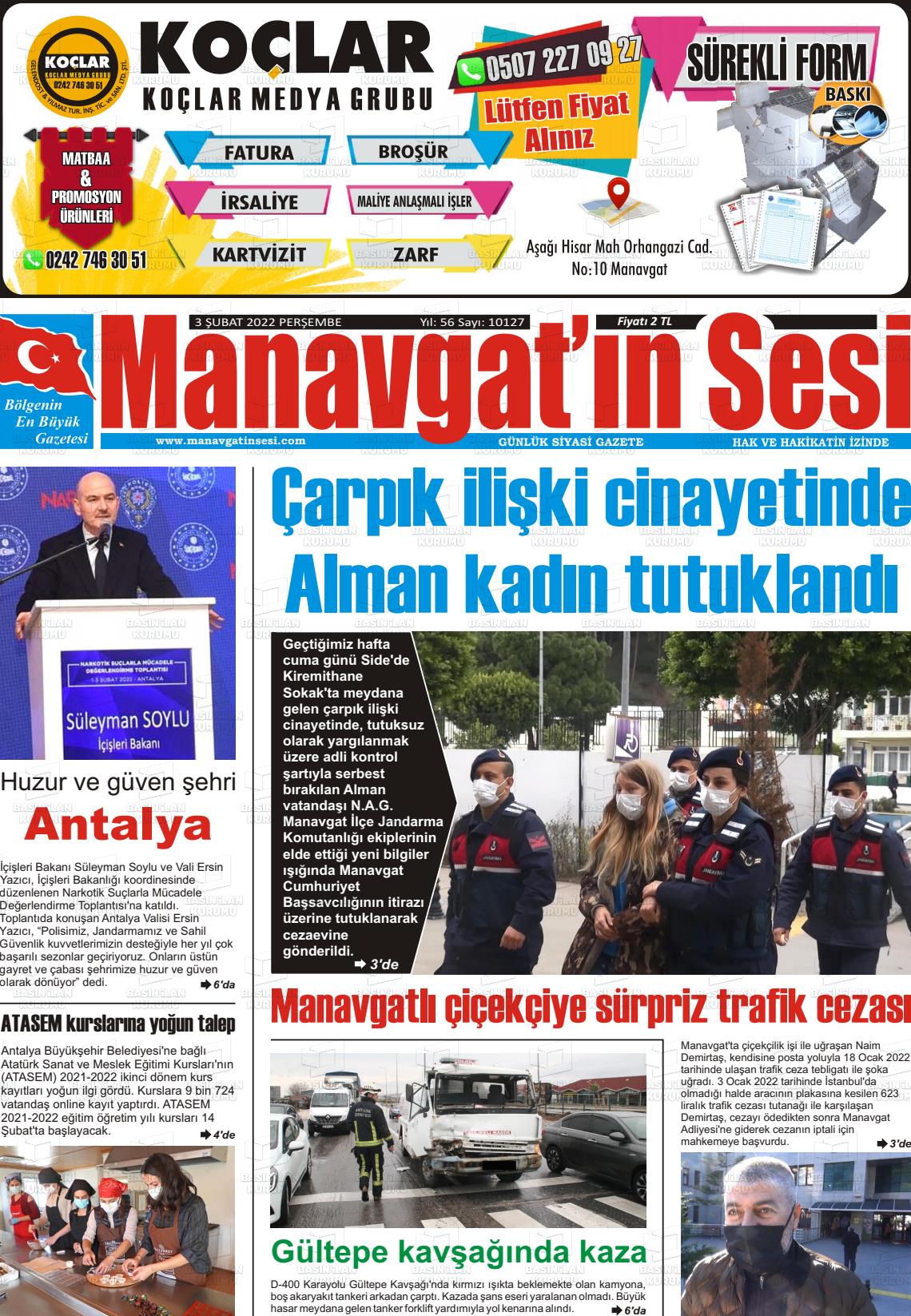 03 Şubat 2022 Manavgat'ın Sesi Gazete Manşeti