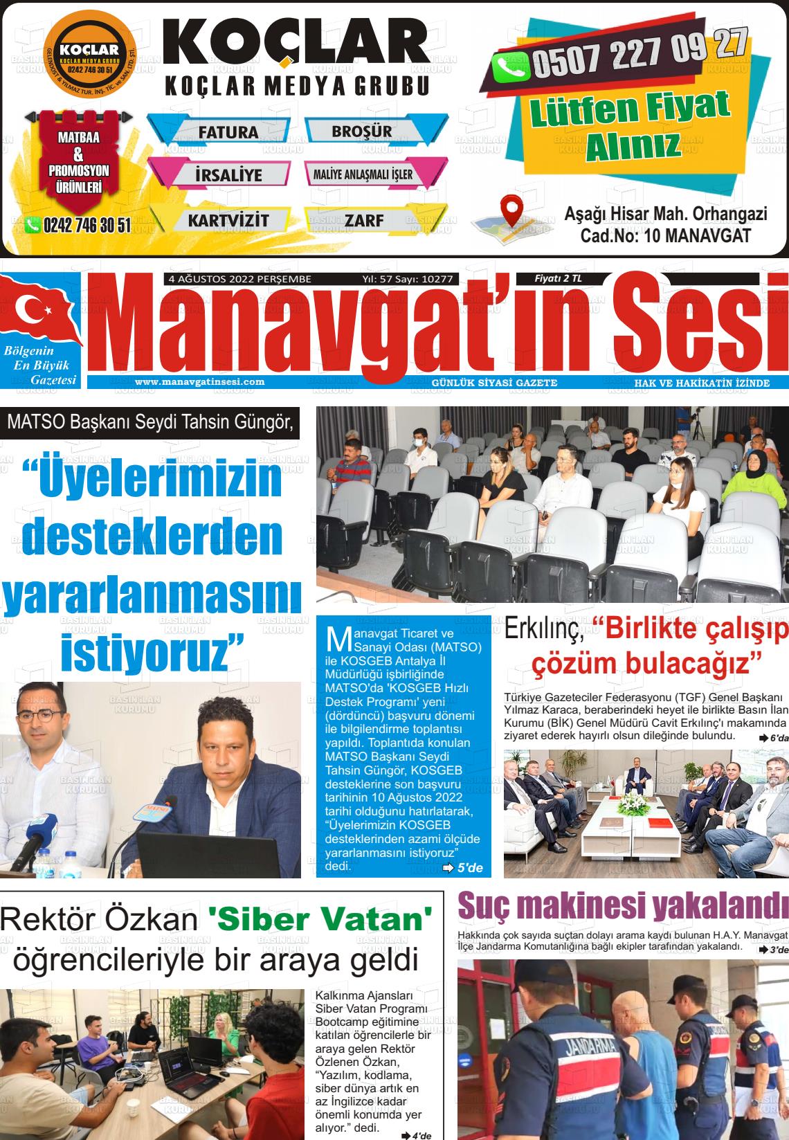 02 Ekim 2022 Manavgat'ın Sesi Gazete Manşeti