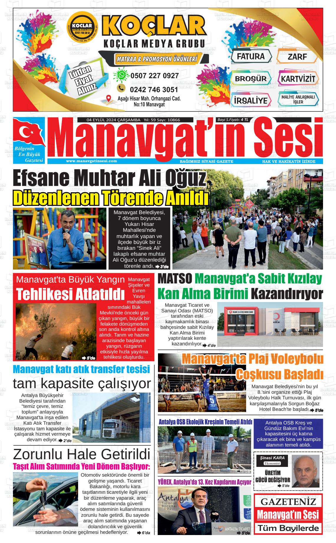 04 Eylül 2024 Manavgat'ın Sesi Gazete Manşeti