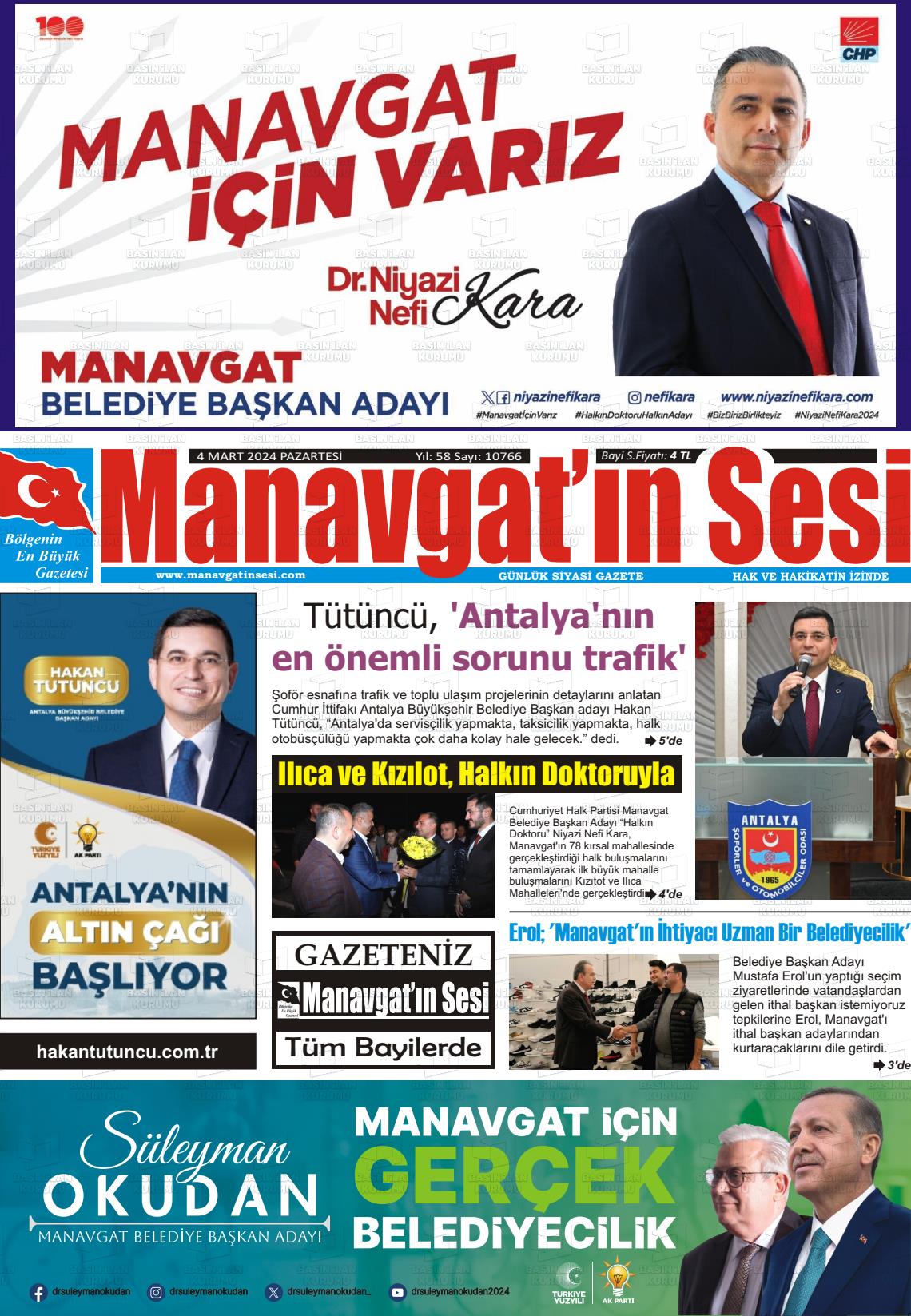 04 Mart 2024 Manavgat'ın Sesi Gazete Manşeti