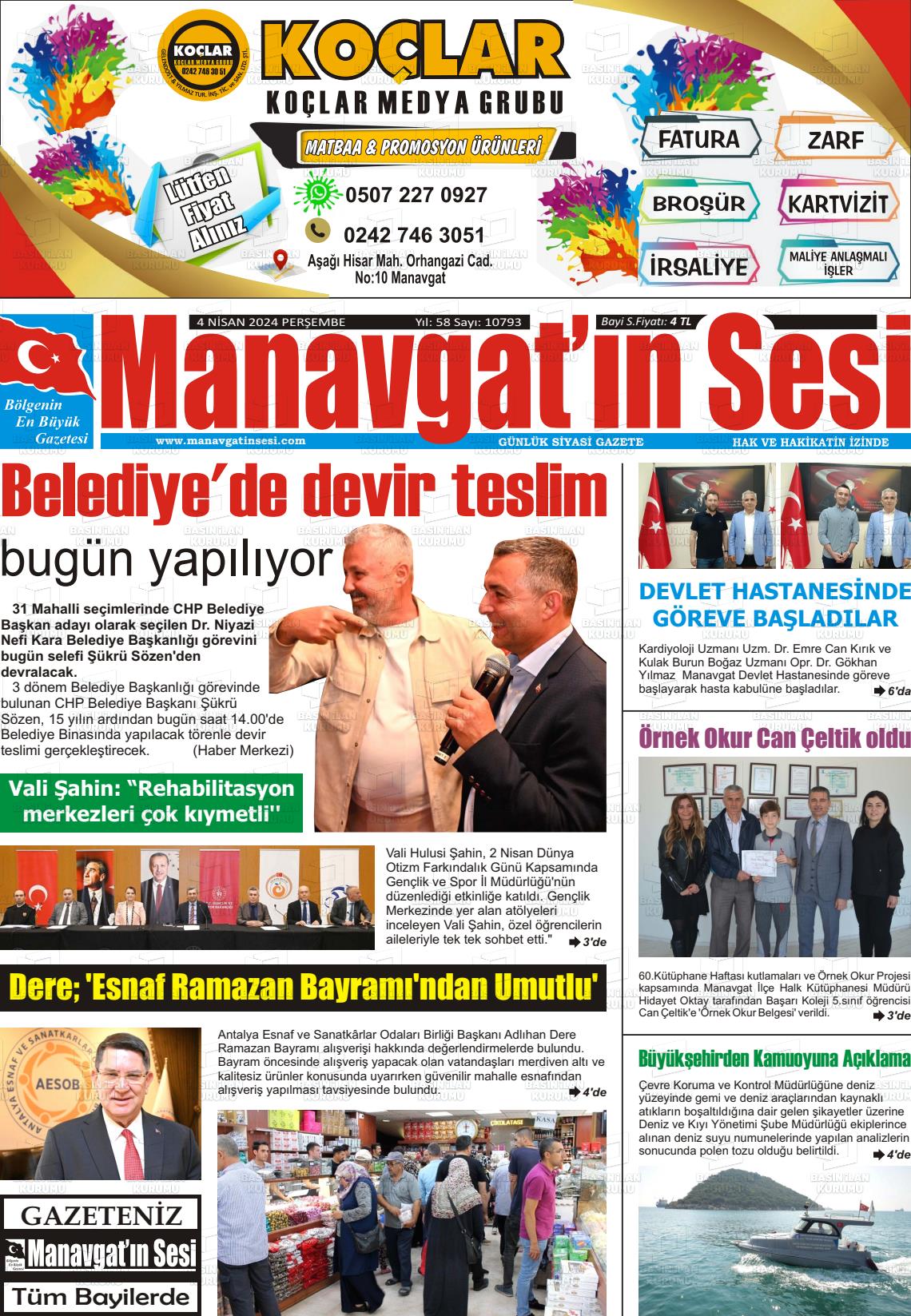 04 Nisan 2024 Manavgat'ın Sesi Gazete Manşeti