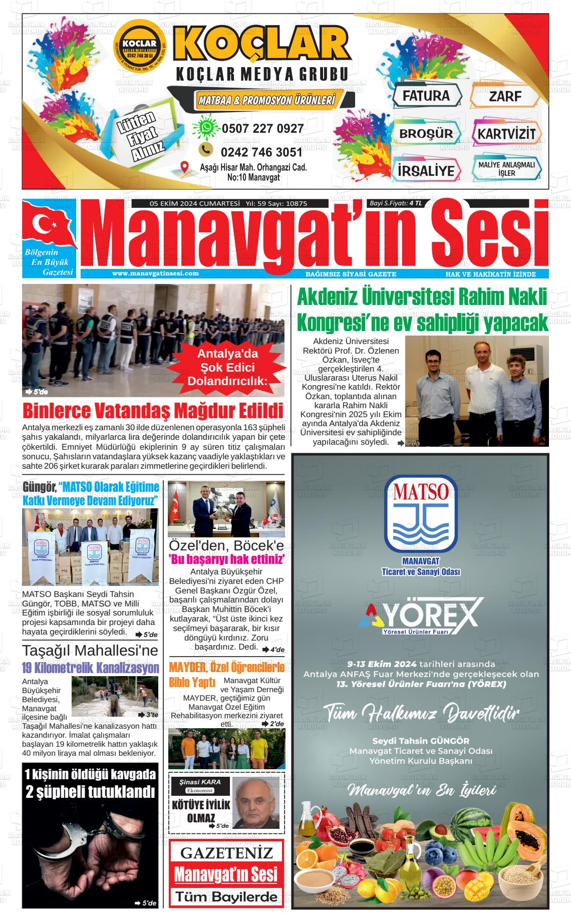 05 Ekim 2024 Manavgat'ın Sesi Gazete Manşeti