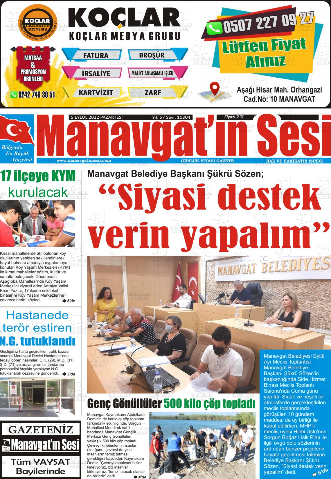 05 Eylül 2022 Manavgat'ın Sesi Gazete Manşeti