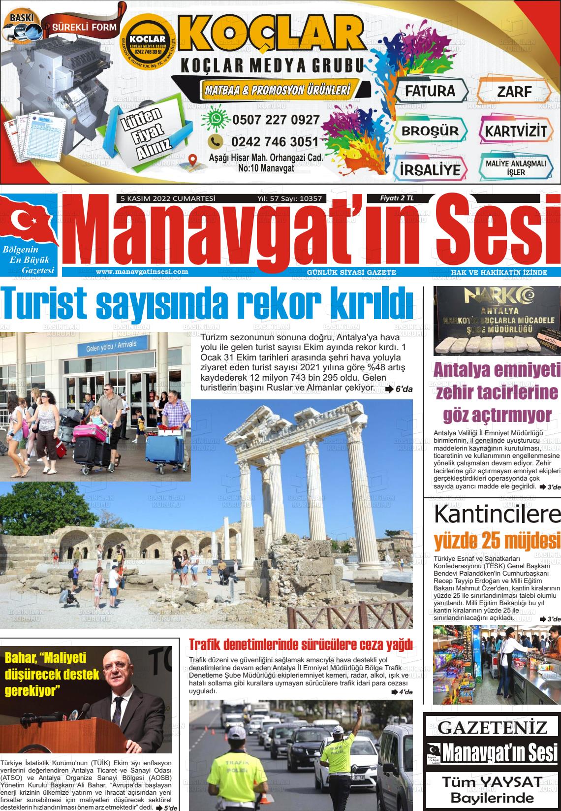 05 Kasım 2022 Manavgat'ın Sesi Gazete Manşeti