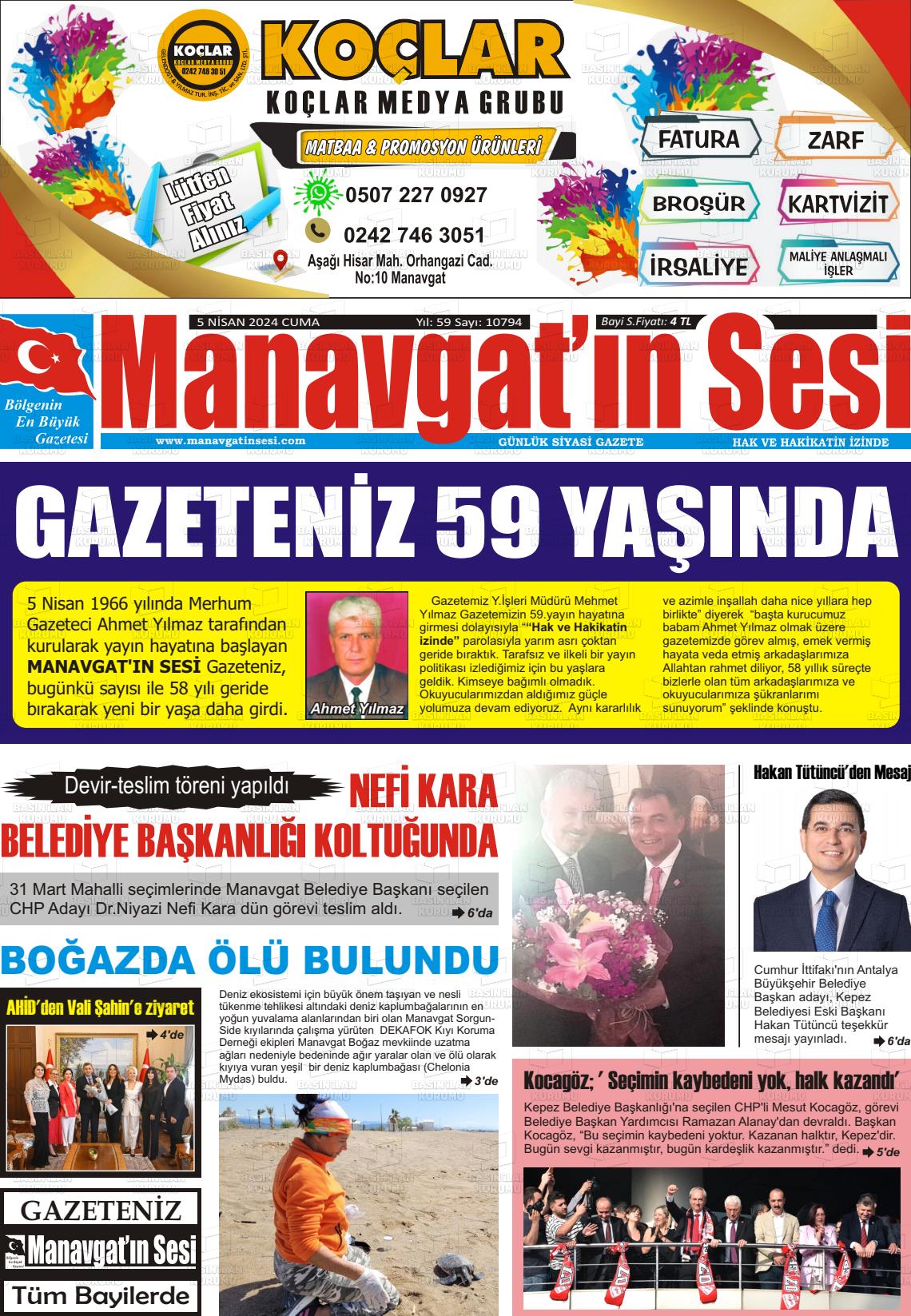 05 Nisan 2024 Manavgat'ın Sesi Gazete Manşeti