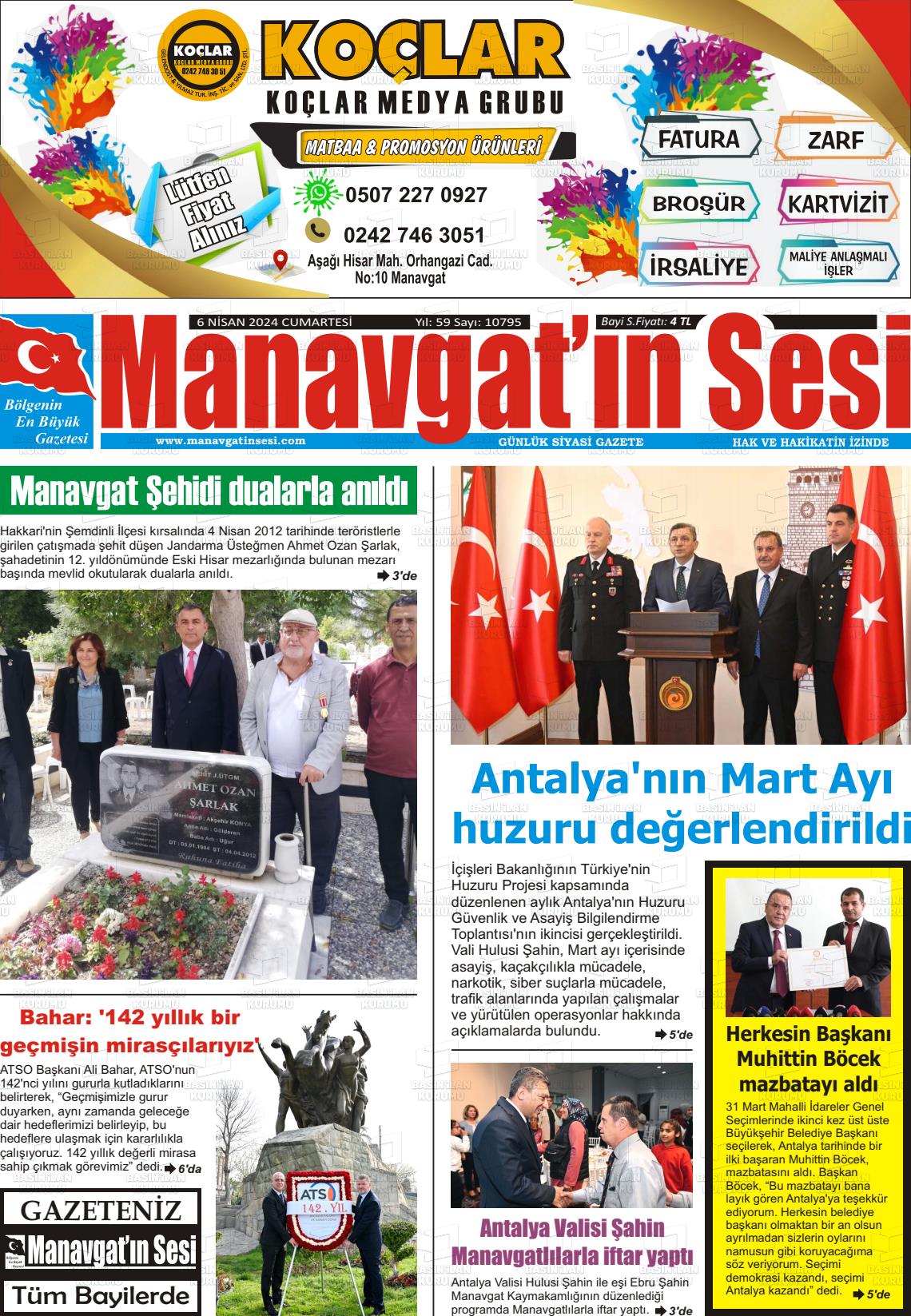 06 Nisan 2024 Manavgat'ın Sesi Gazete Manşeti