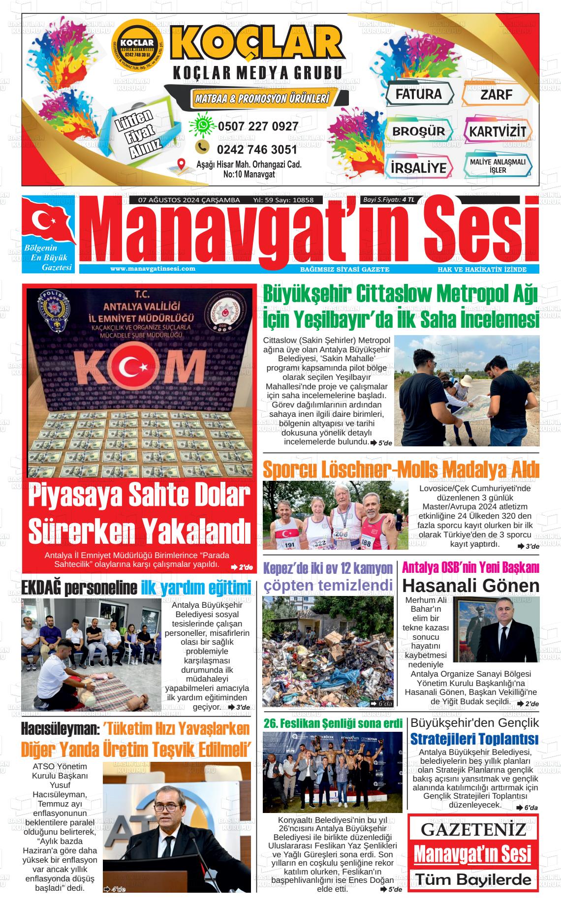 07 Ağustos 2024 Manavgat'ın Sesi Gazete Manşeti