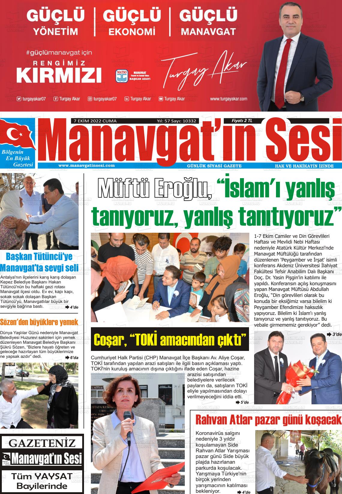 07 Ekim 2022 Manavgat'ın Sesi Gazete Manşeti