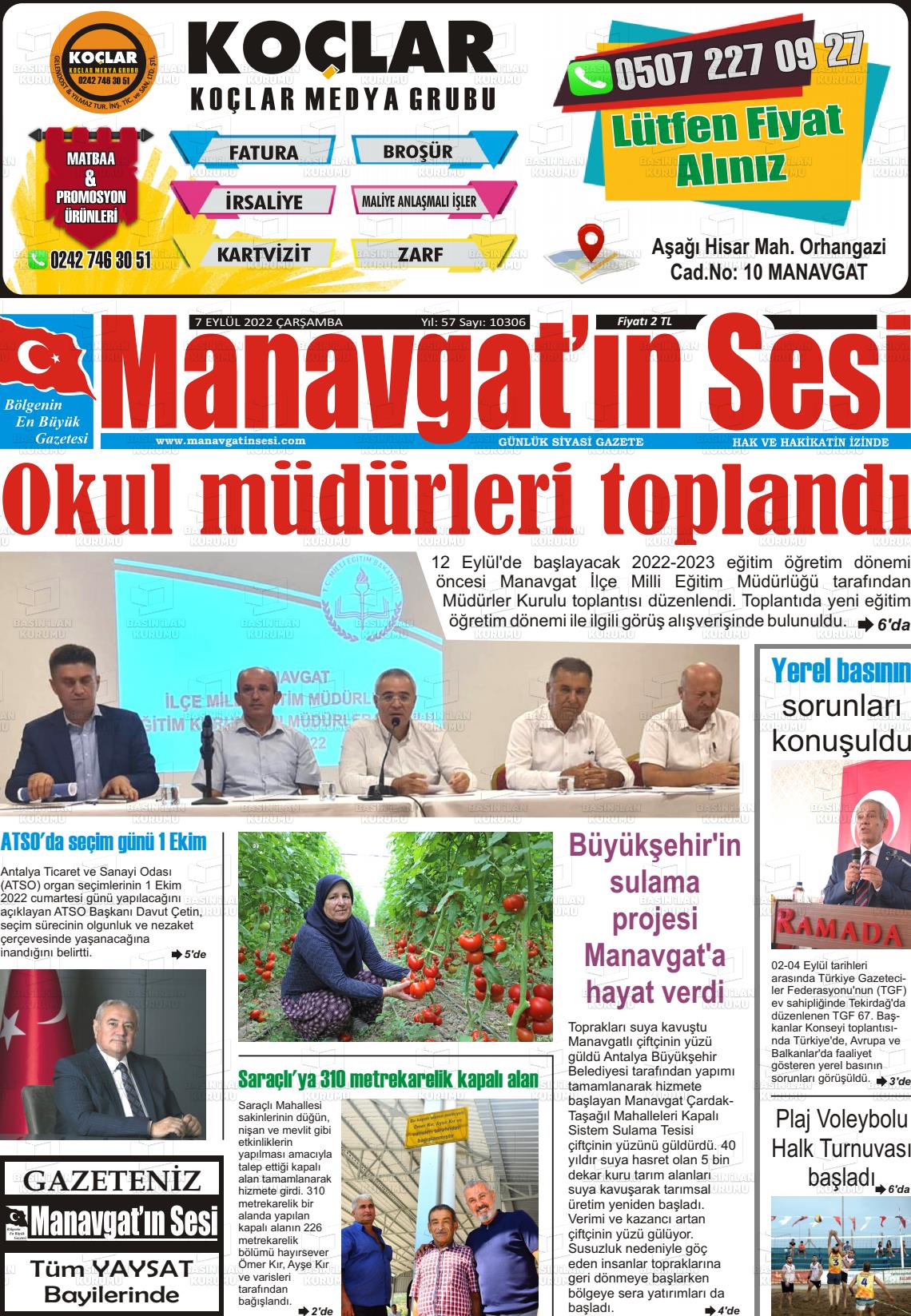 07 Eylül 2022 Manavgat'ın Sesi Gazete Manşeti