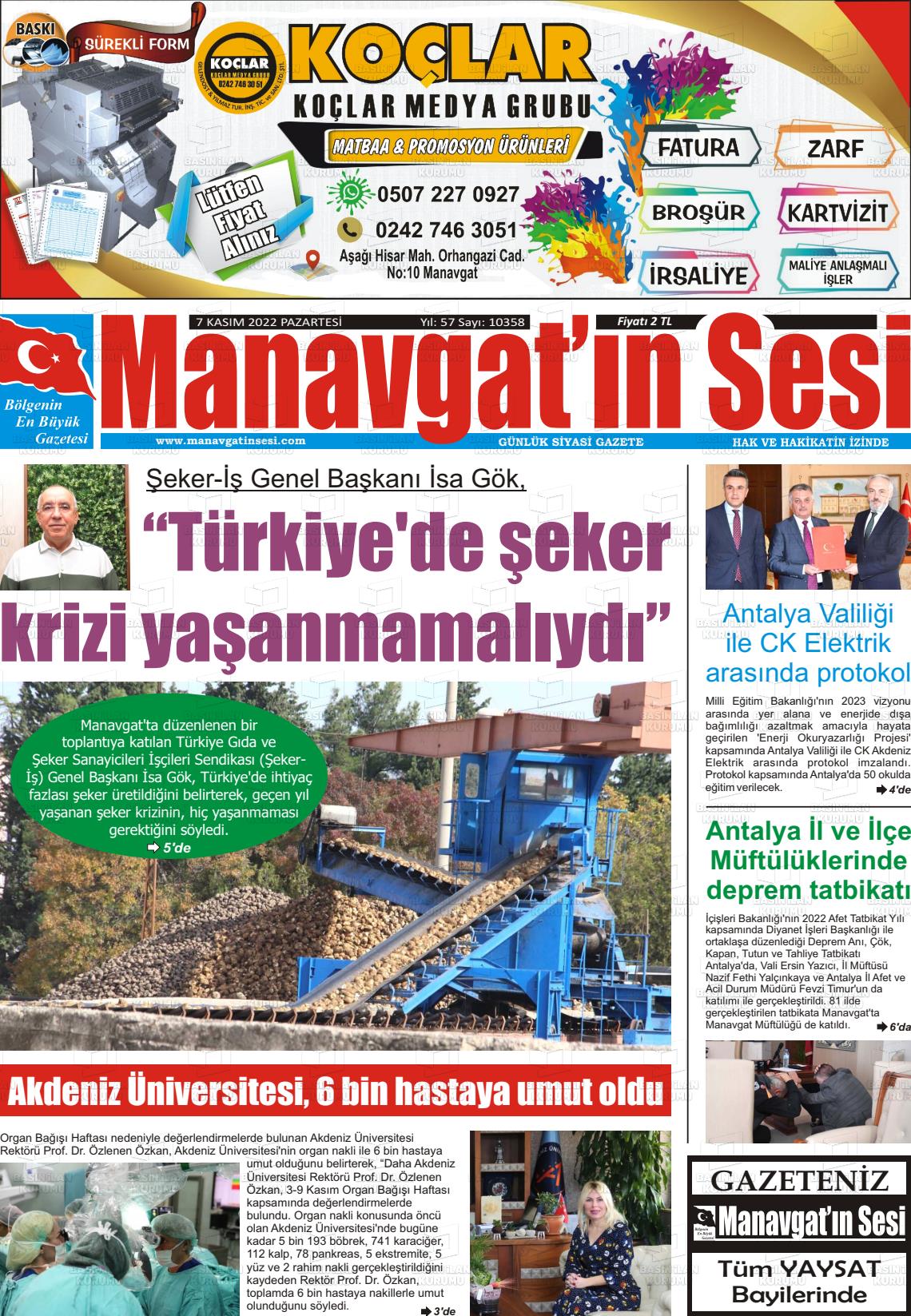 07 Kasım 2022 Manavgat'ın Sesi Gazete Manşeti