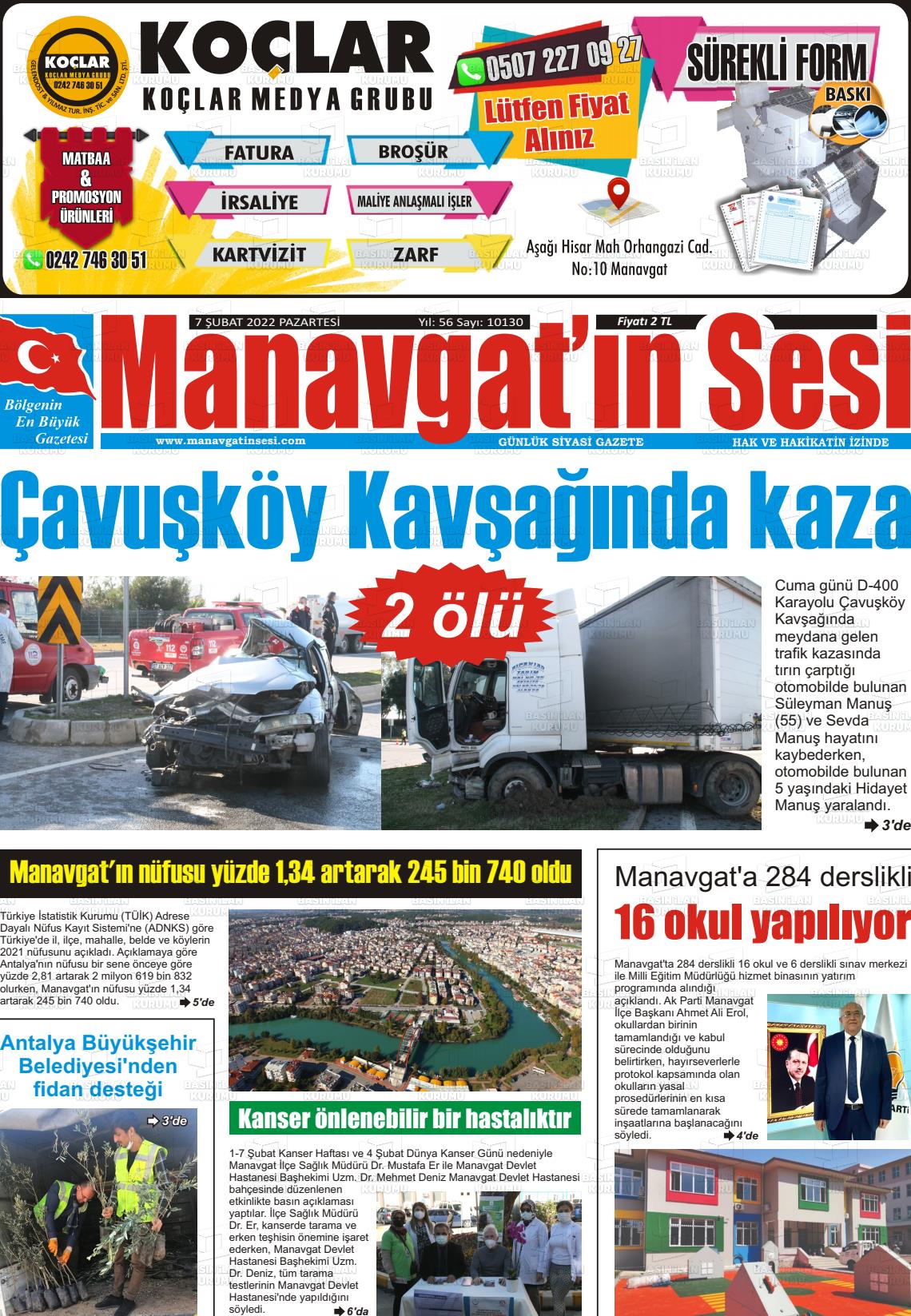 07 Şubat 2022 Manavgat'ın Sesi Gazete Manşeti