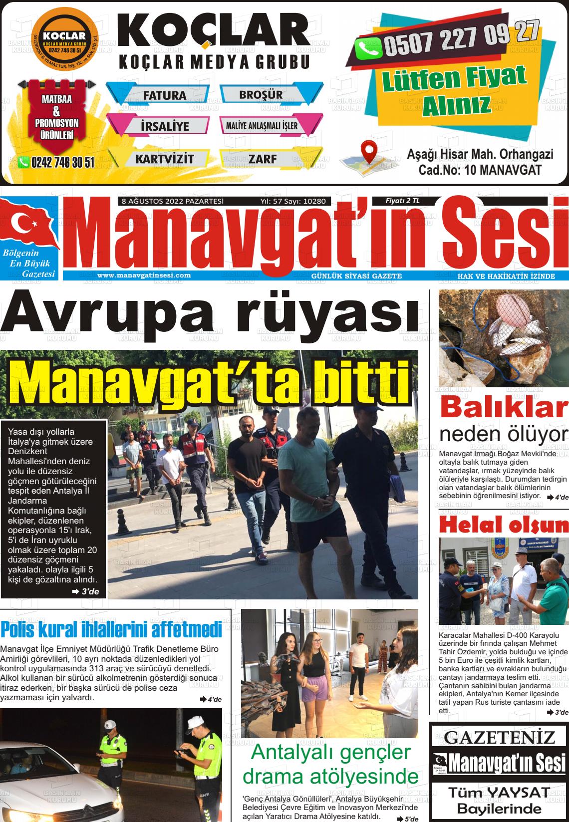 08 Ağustos 2022 Manavgat'ın Sesi Gazete Manşeti