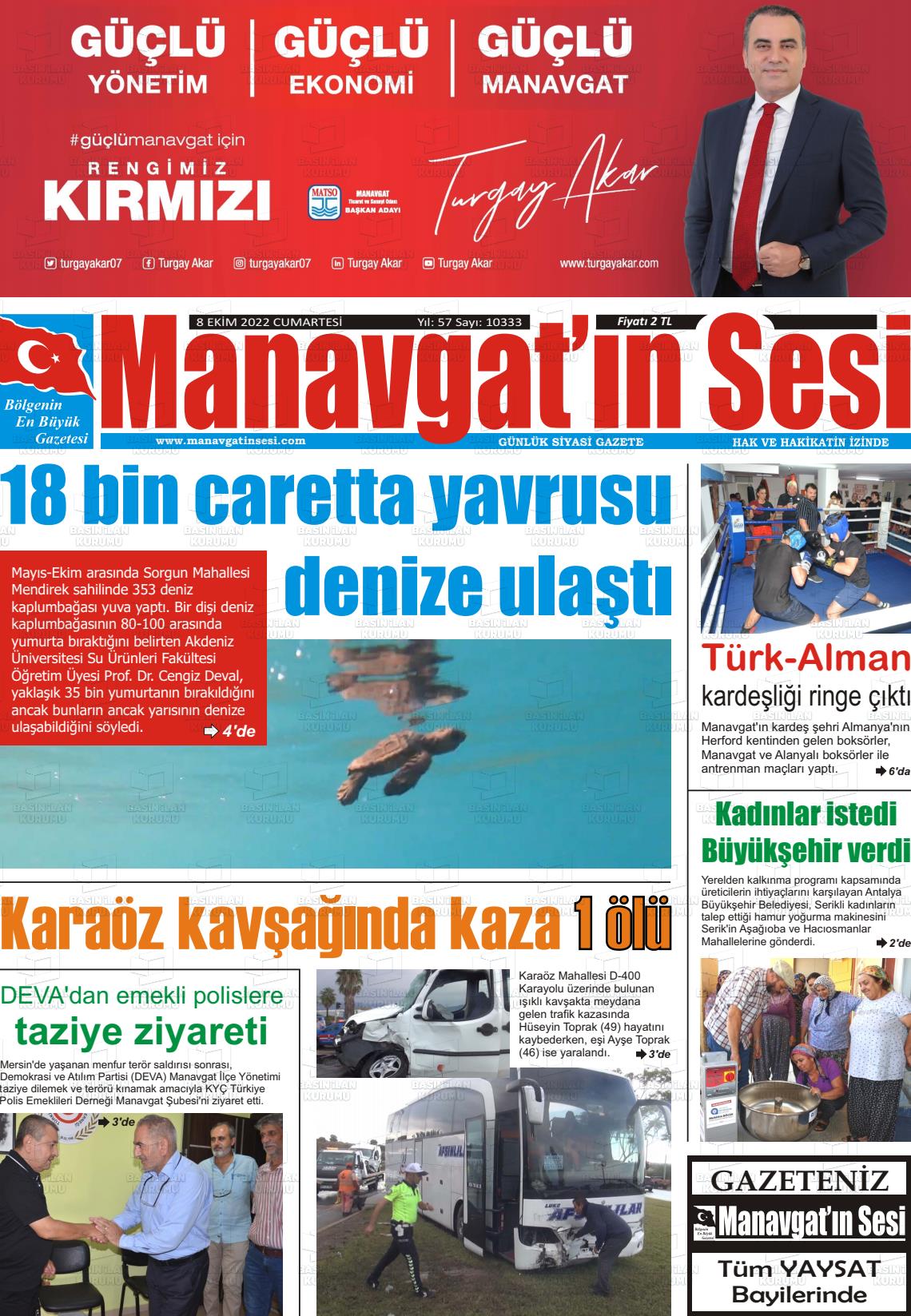 08 Ekim 2022 Manavgat'ın Sesi Gazete Manşeti