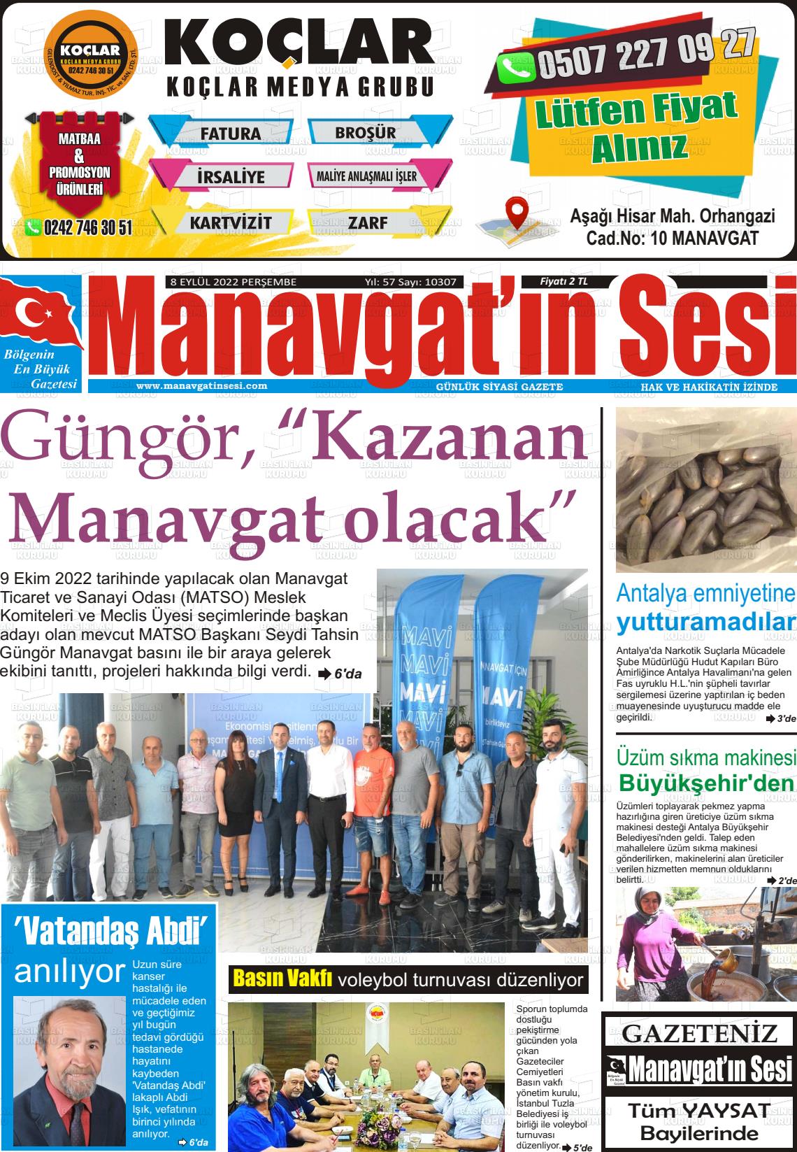 08 Eylül 2022 Manavgat'ın Sesi Gazete Manşeti