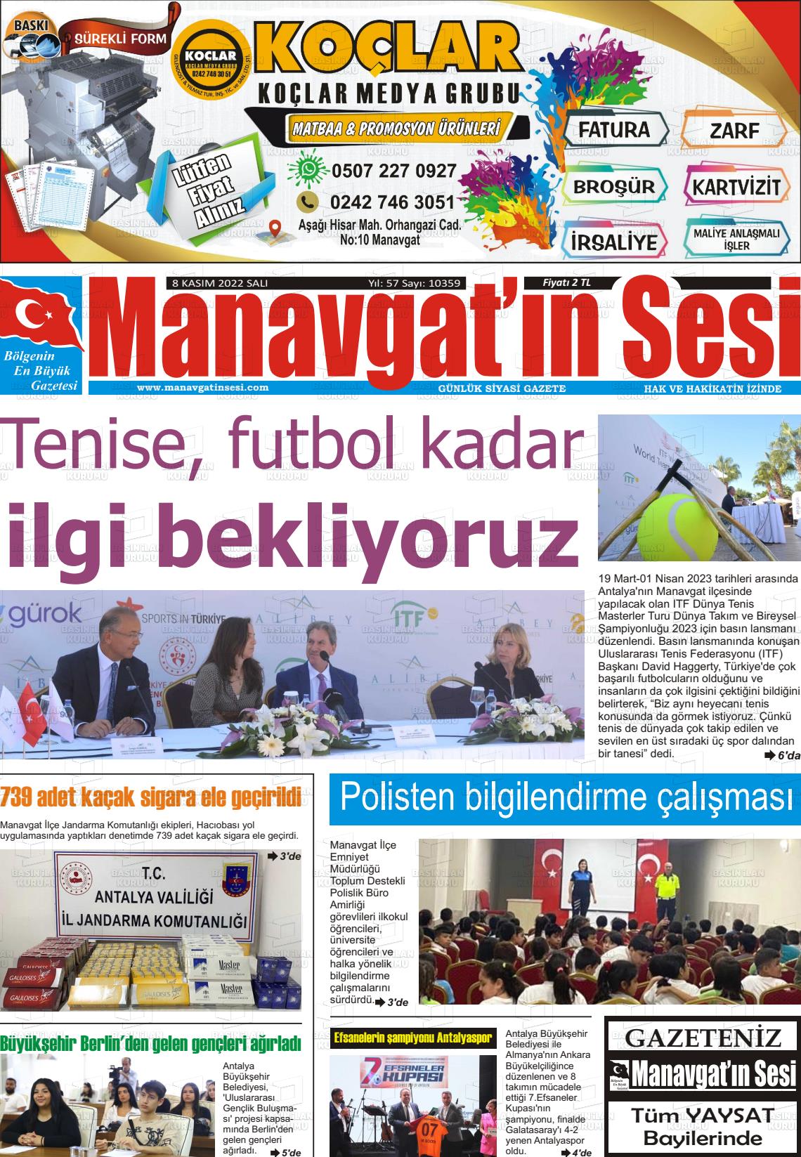 09 Kasım 2022 Manavgat'ın Sesi Gazete Manşeti