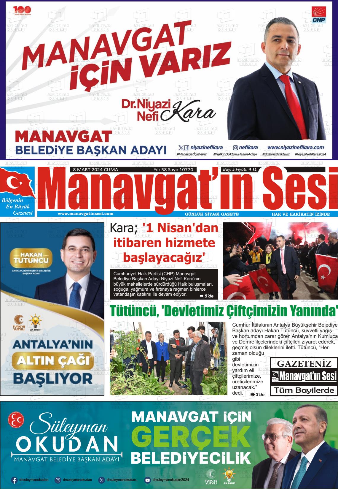 08 Mart 2024 Manavgat'ın Sesi Gazete Manşeti