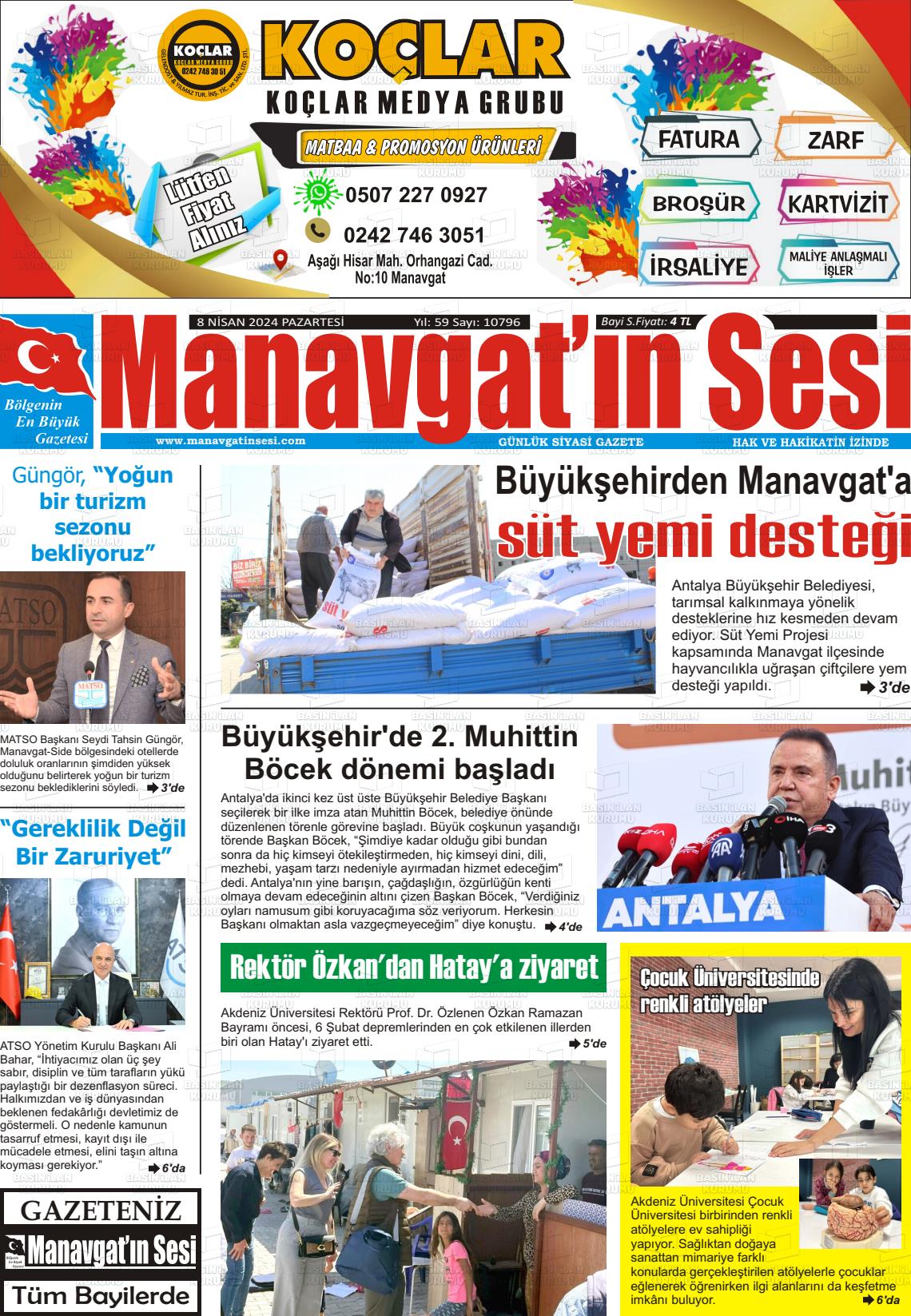 08 Nisan 2024 Manavgat'ın Sesi Gazete Manşeti