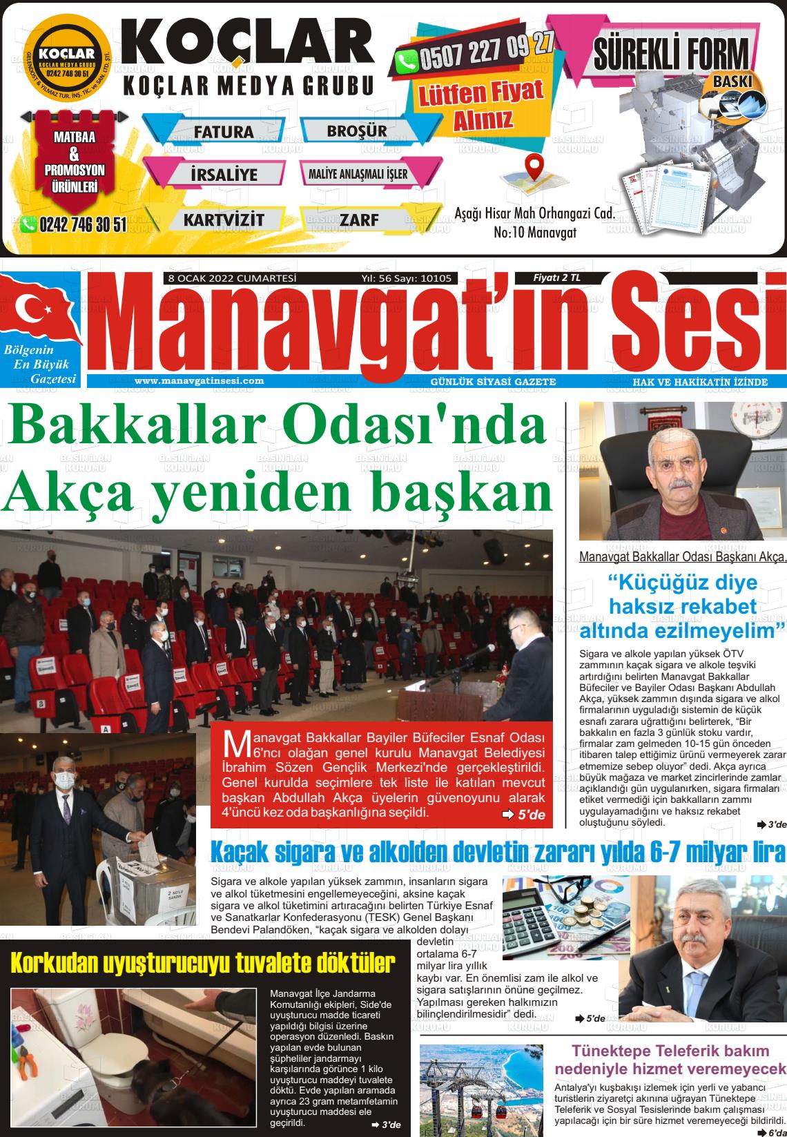 08 Ocak 2022 Manavgat'ın Sesi Gazete Manşeti