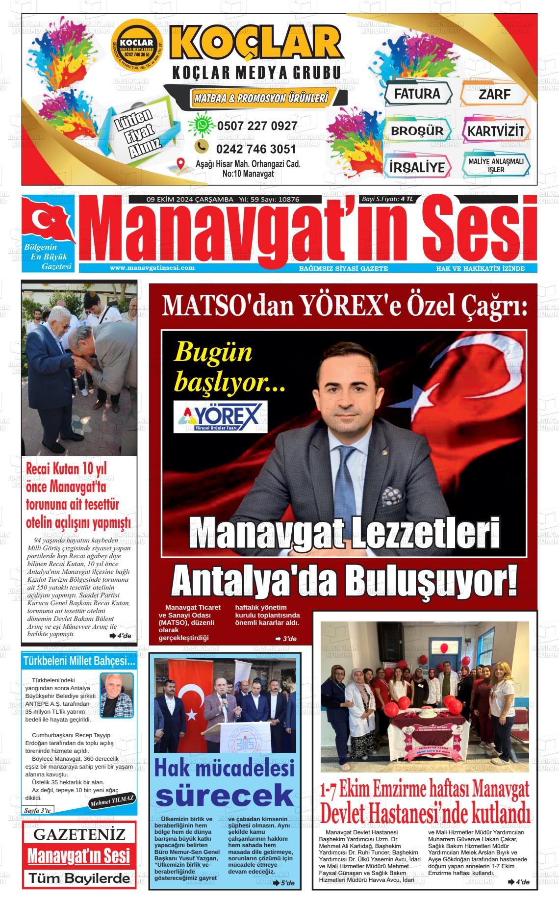 09 Ekim 2024 Manavgat'ın Sesi Gazete Manşeti