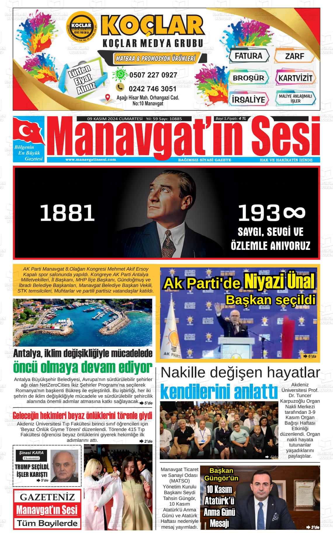 09 Kasım 2024 Manavgat'ın Sesi Gazete Manşeti