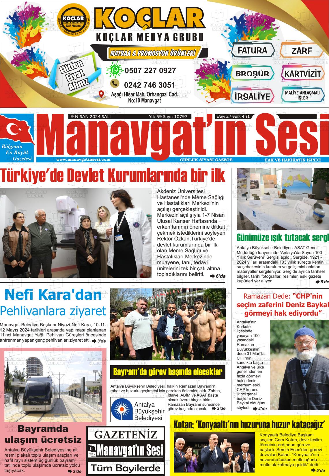 09 Nisan 2024 Manavgat'ın Sesi Gazete Manşeti